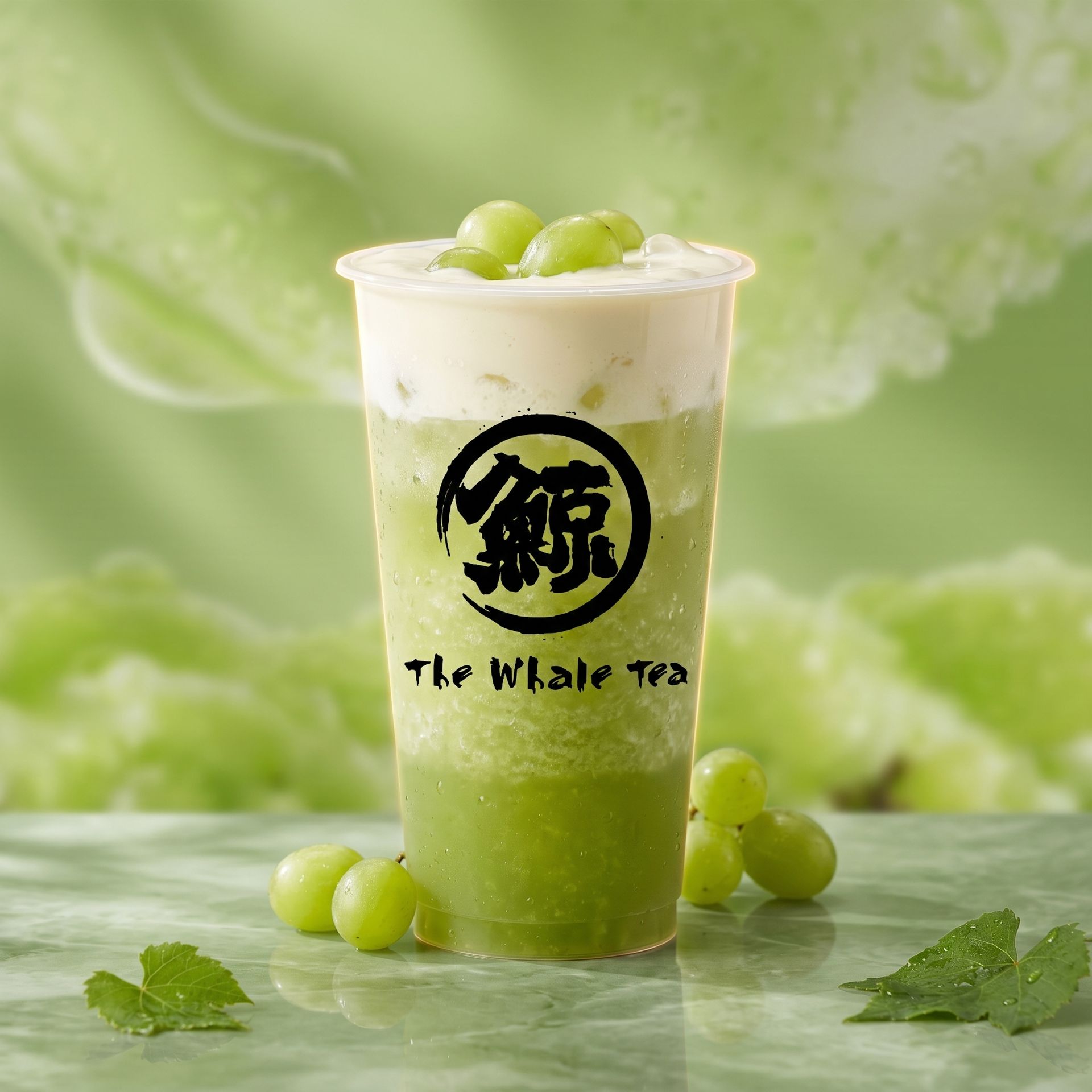Green bubble tea cup with logo, topped with foam and green grapes, against a light green backdrop