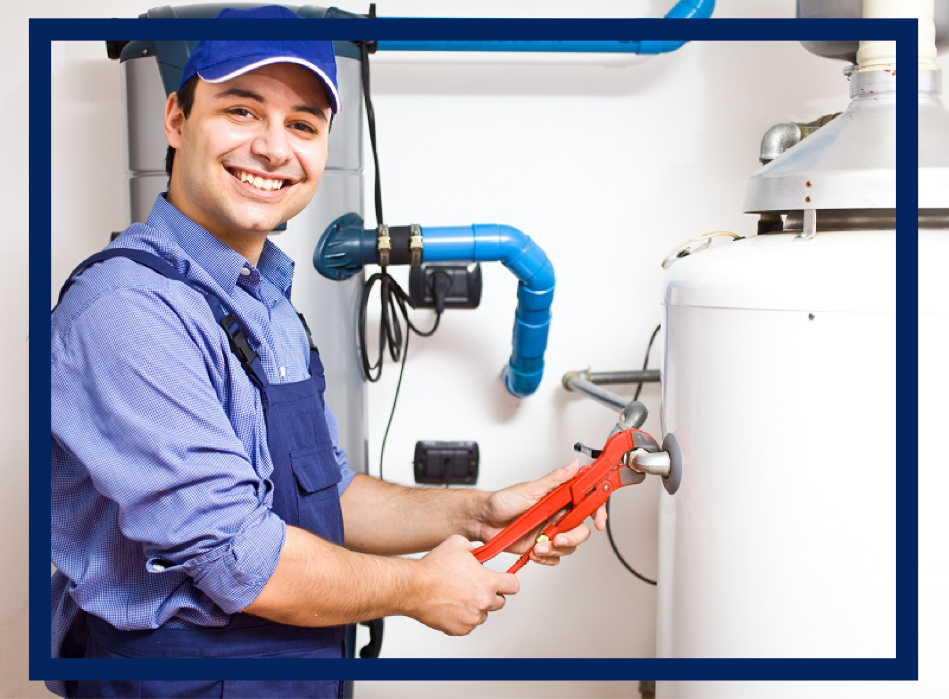 Plumbing services Man wearing cap holding spanner fixing water heater