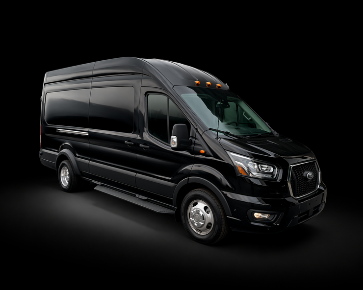 A black mercedes sprinter van with the door open on a white background.