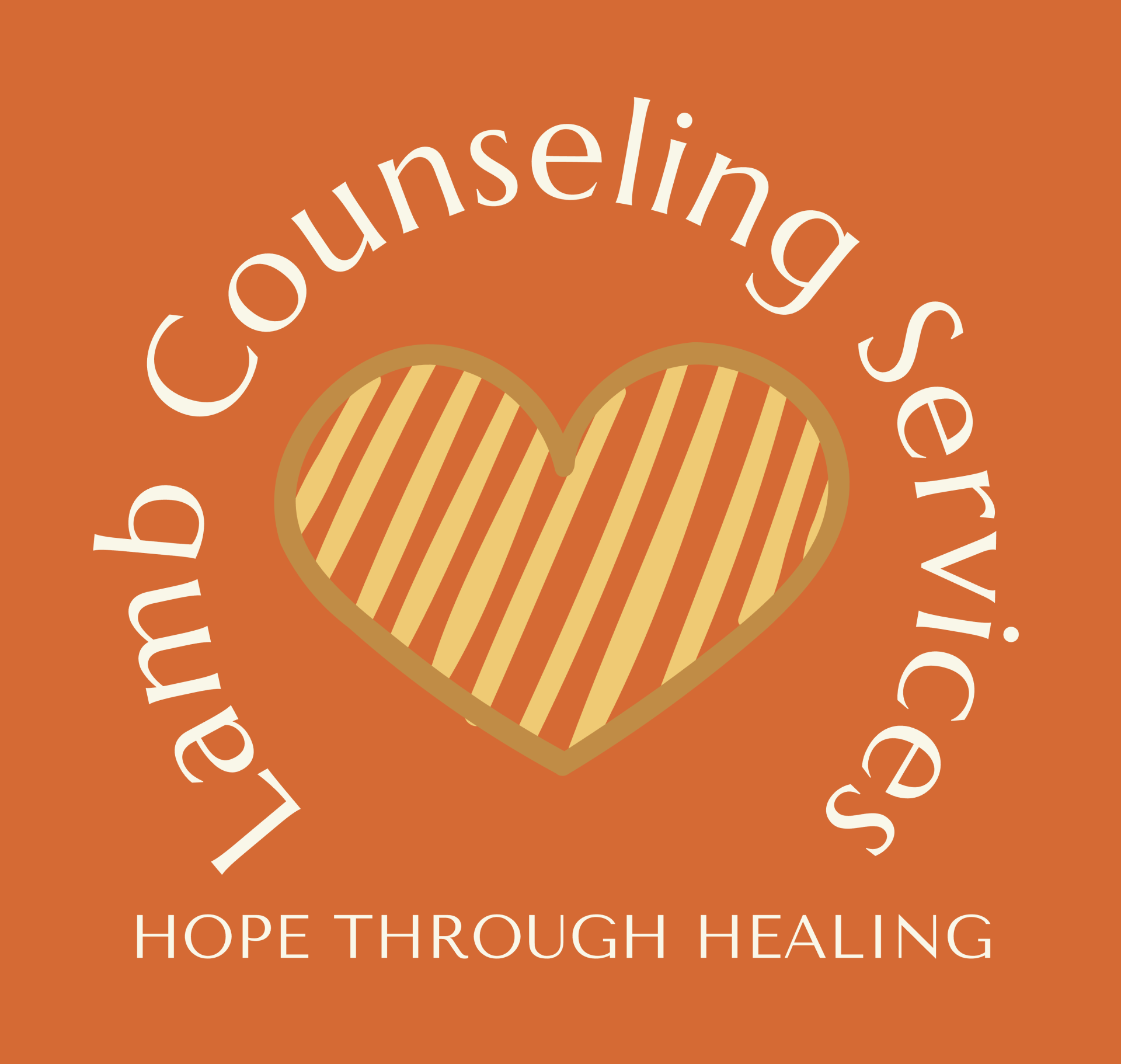 Logo: Orange background, heart graphic with diagonal lines,