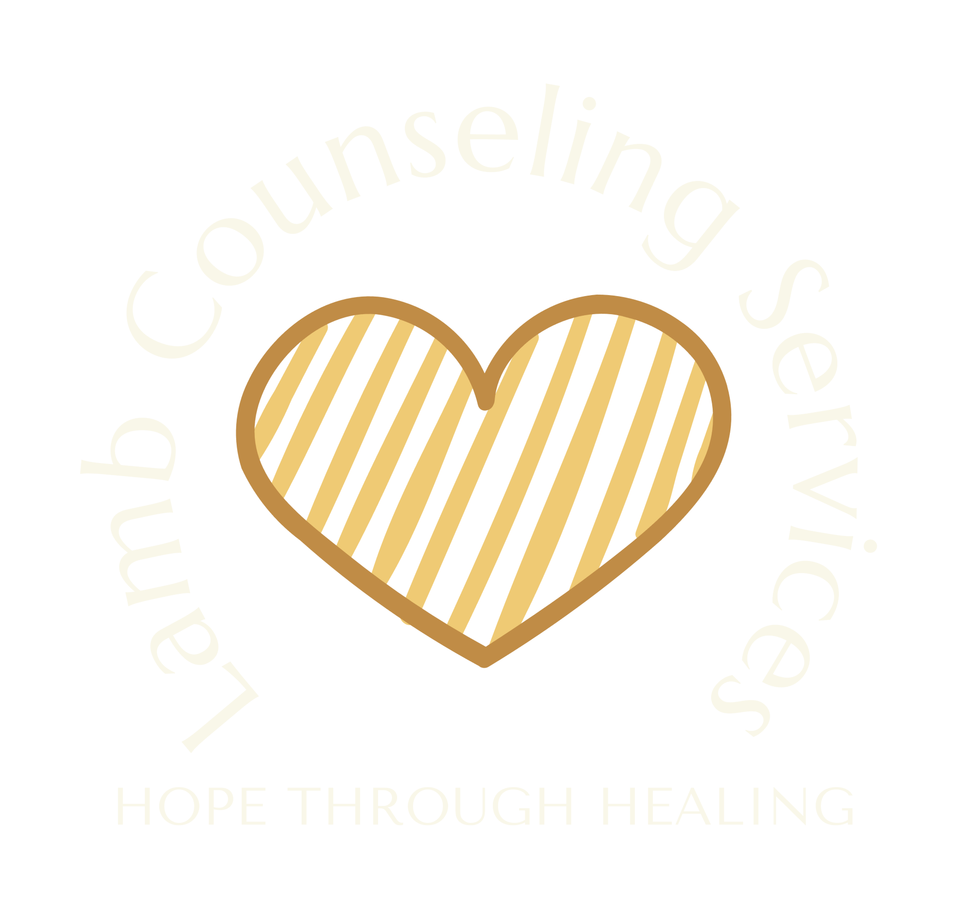 Logo: Gold heart with diagonal stripes;