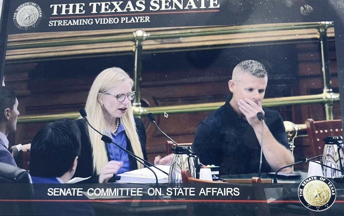 Texas Senate Committee on State Affairs hearing featuring Jennifer Lundy testifying while another listens.