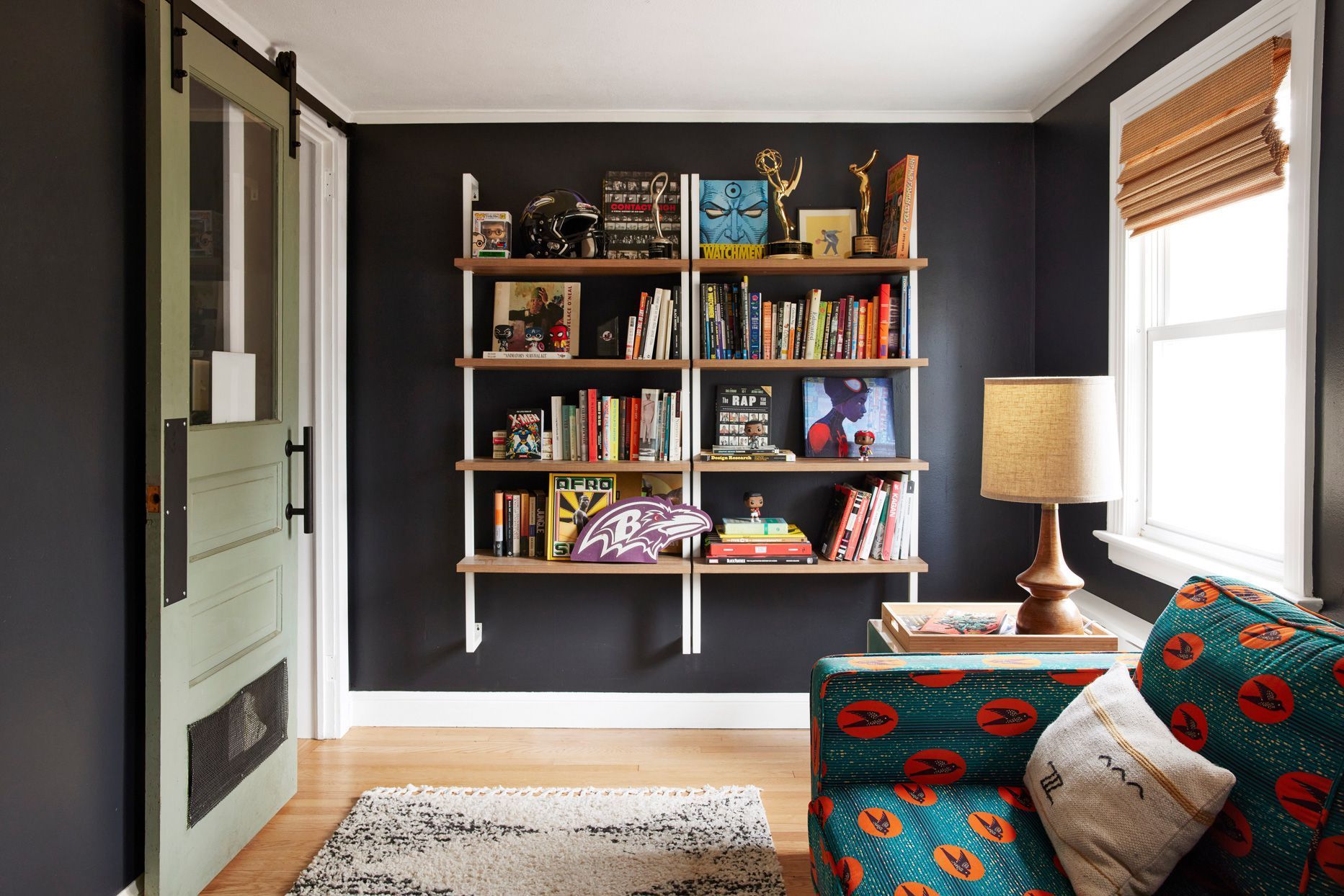 living room open wall shelving
