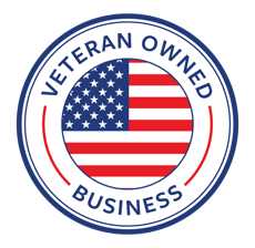A veteran owned business logo with an american flag in the center