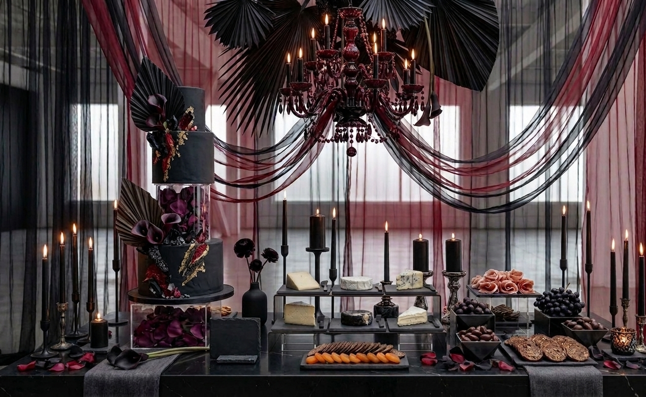 Elegant black-and-red dessert buffet with cakes, pastries, and draped curtains in a lavish event hall