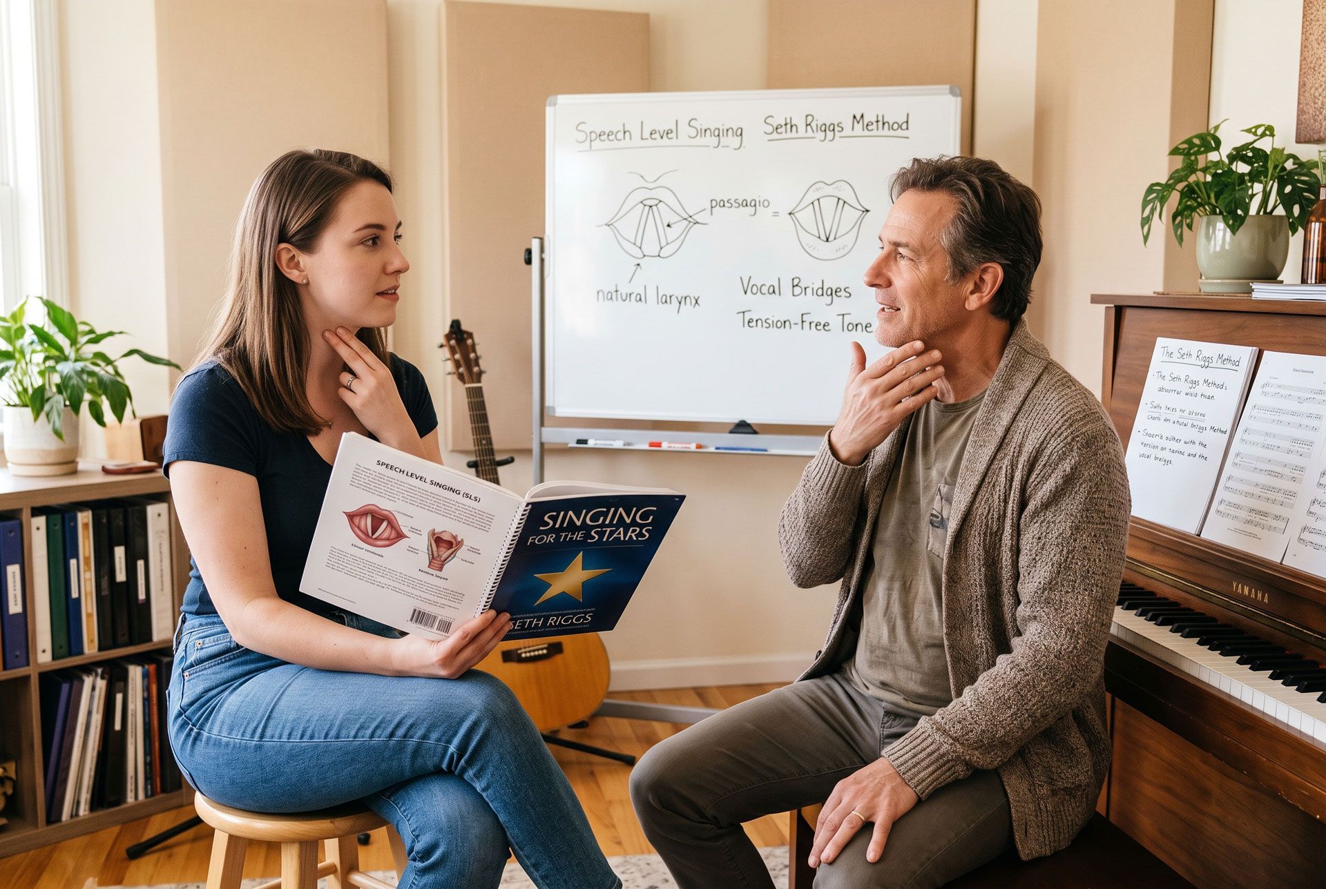 Two people in a music lesson, seated by a piano with a whiteboard and sheet music.