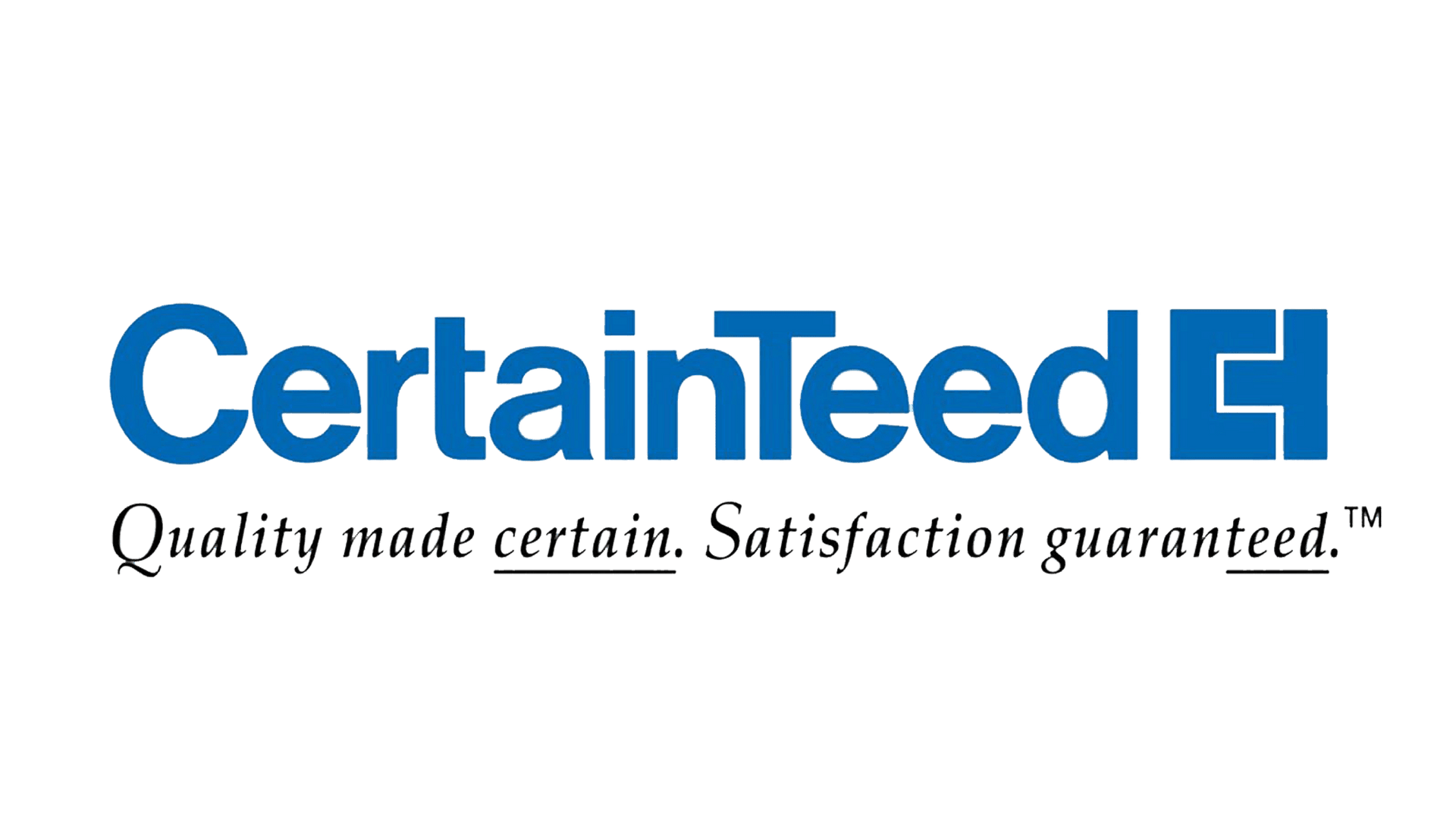 CertainTeed logo in blue with slogan “Quality made certain. Satisfaction guaranteed.”
