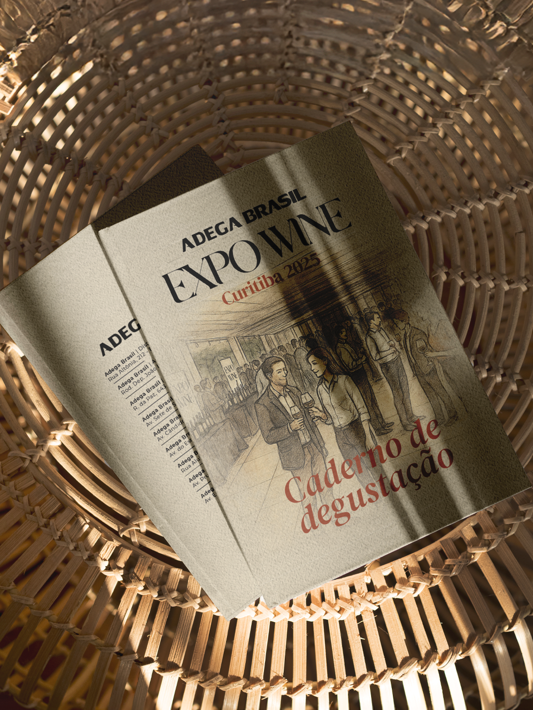 Uma revista dentro de uma cesta de vime, com a capa parcialmente visível e um padrão de folhas sobreposta.
