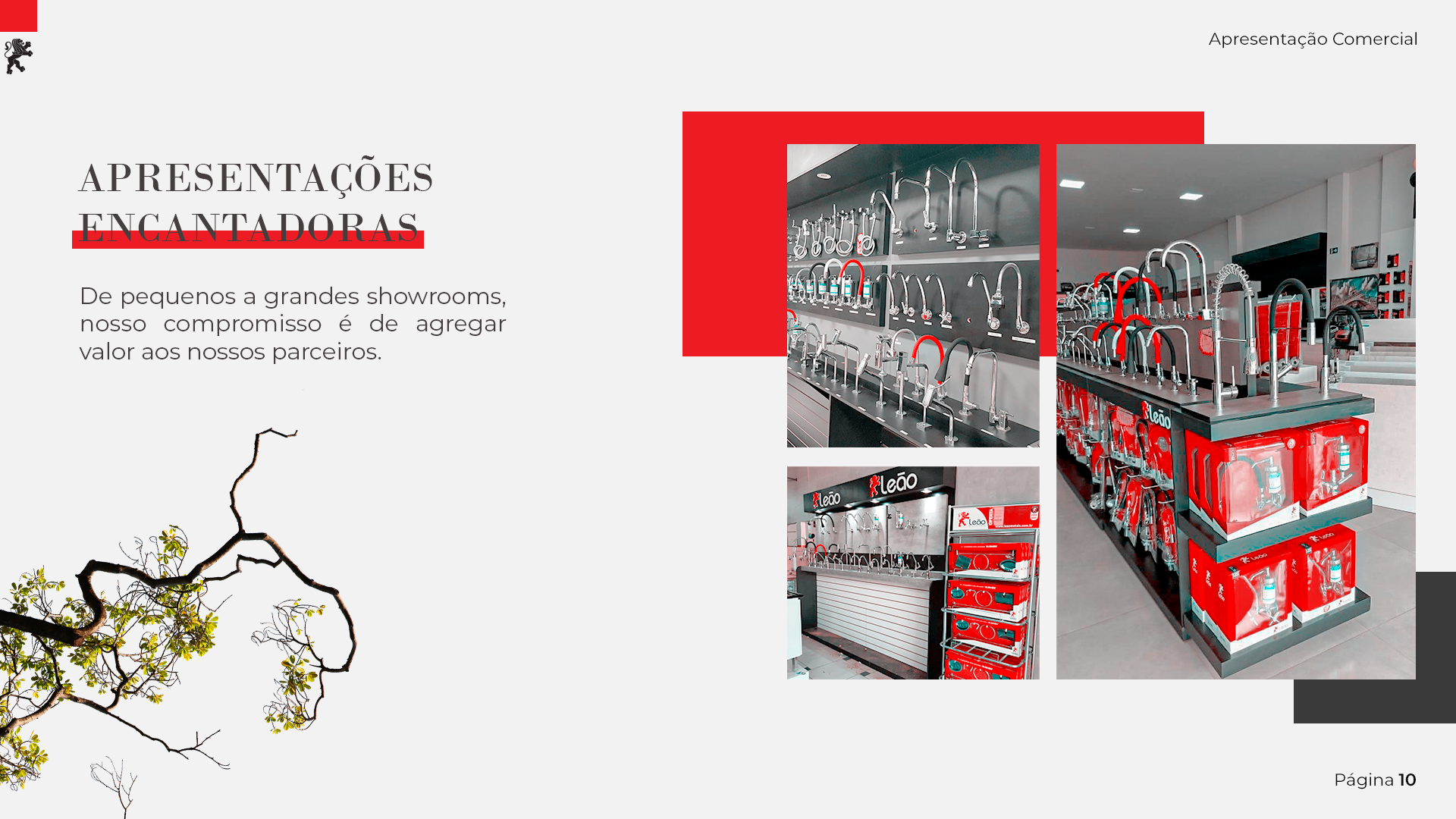 Prateleiras de armazém industrial com detalhes em vermelho e mercadorias empilhadas em um layout limpo e moderno.