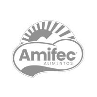 Logotipo da Amifec Alimentos em cinza com sol estilizado e emblema oval.