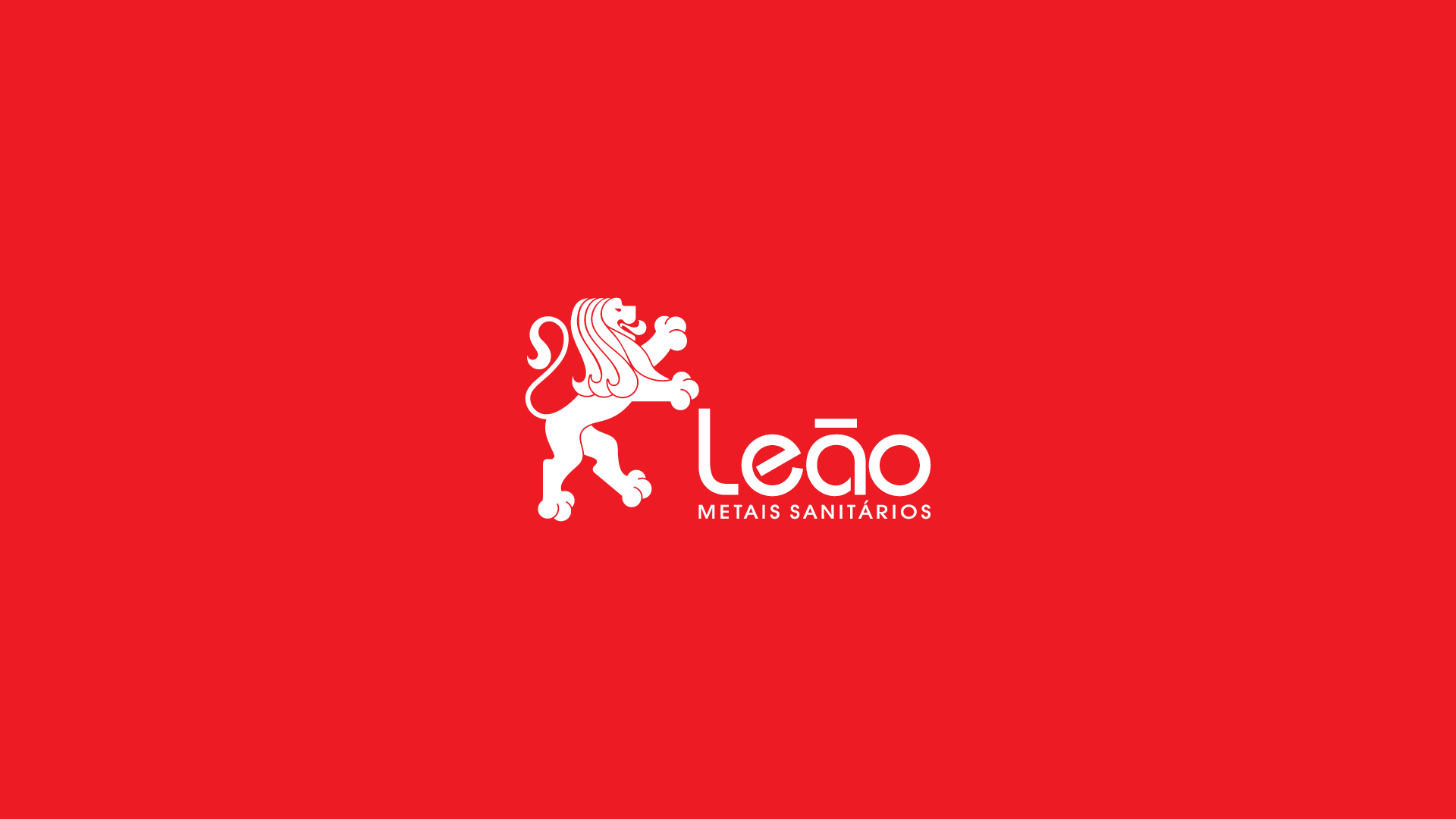 Fundo vermelho com o logotipo branco do Leão e um pequeno ícone de leão centralizado na tela.