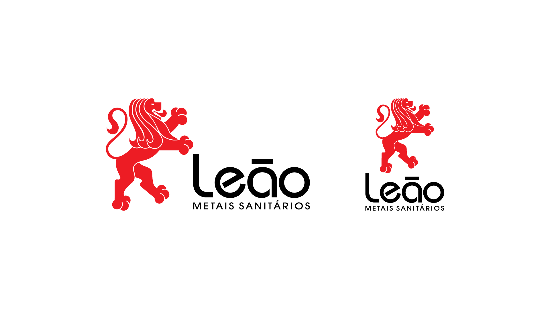 Logotipo do leão vermelho com a palavra “Leão” em preto e vermelho, apresentado em dois tamanhos sobre um fundo branco.