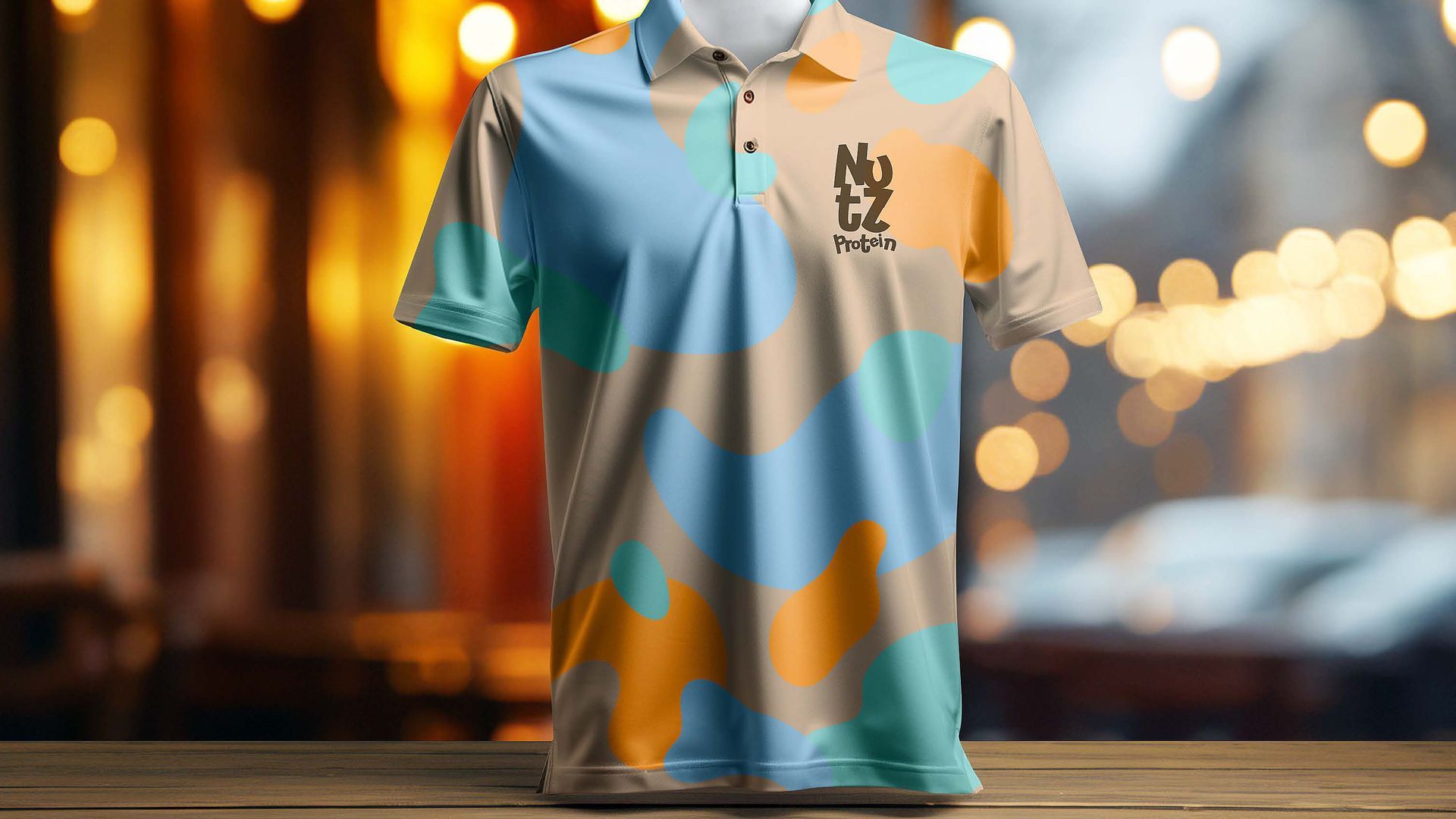Camisa polo com um padrão abstrato colorido, exibida em um manequim contra um fundo desfocado de uma sala.