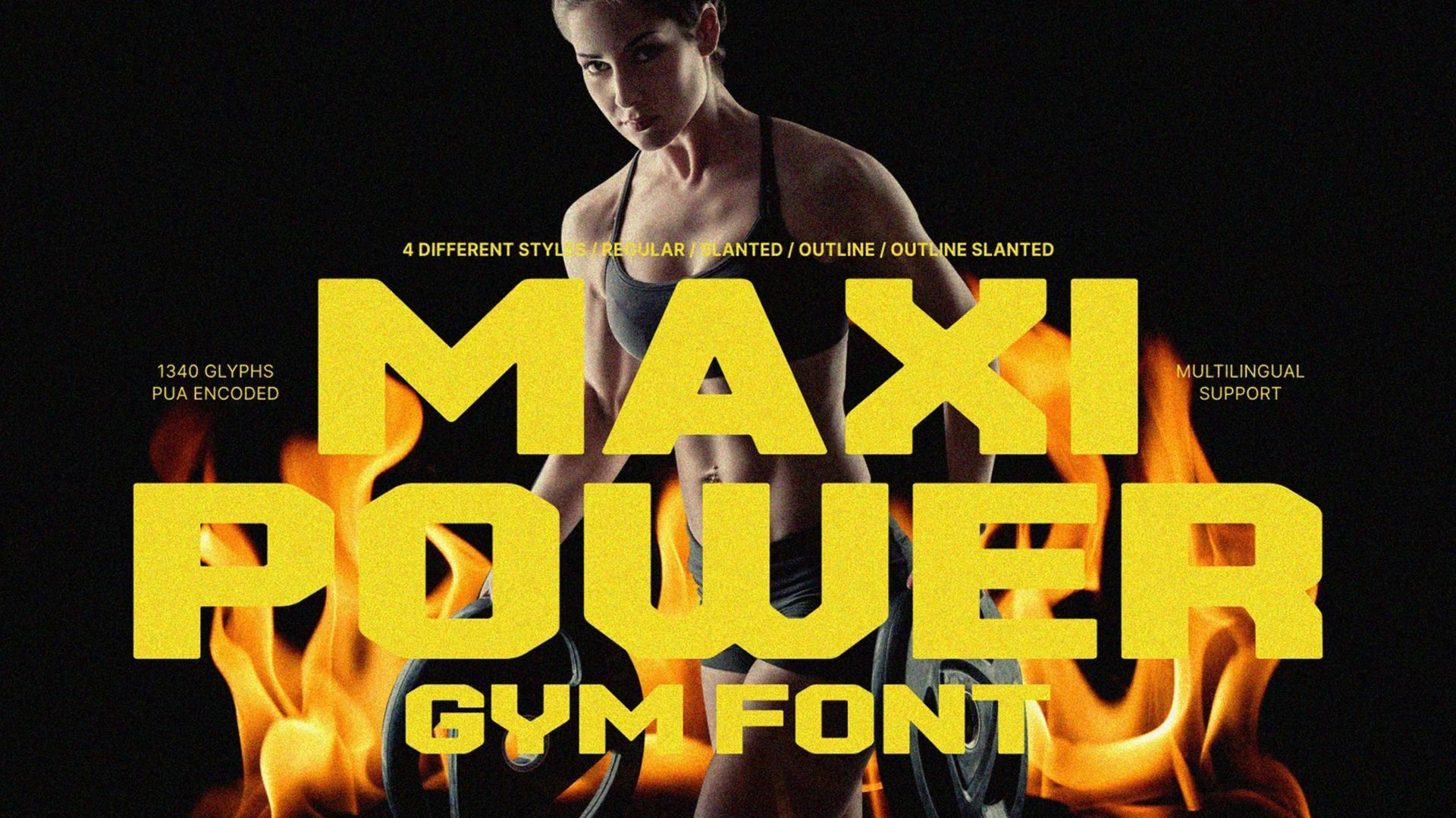 Texto amarelo em negrito “MAXI POWER GYM FONT” sobre um atleta musculoso em um pôster escuro com tema fitness.