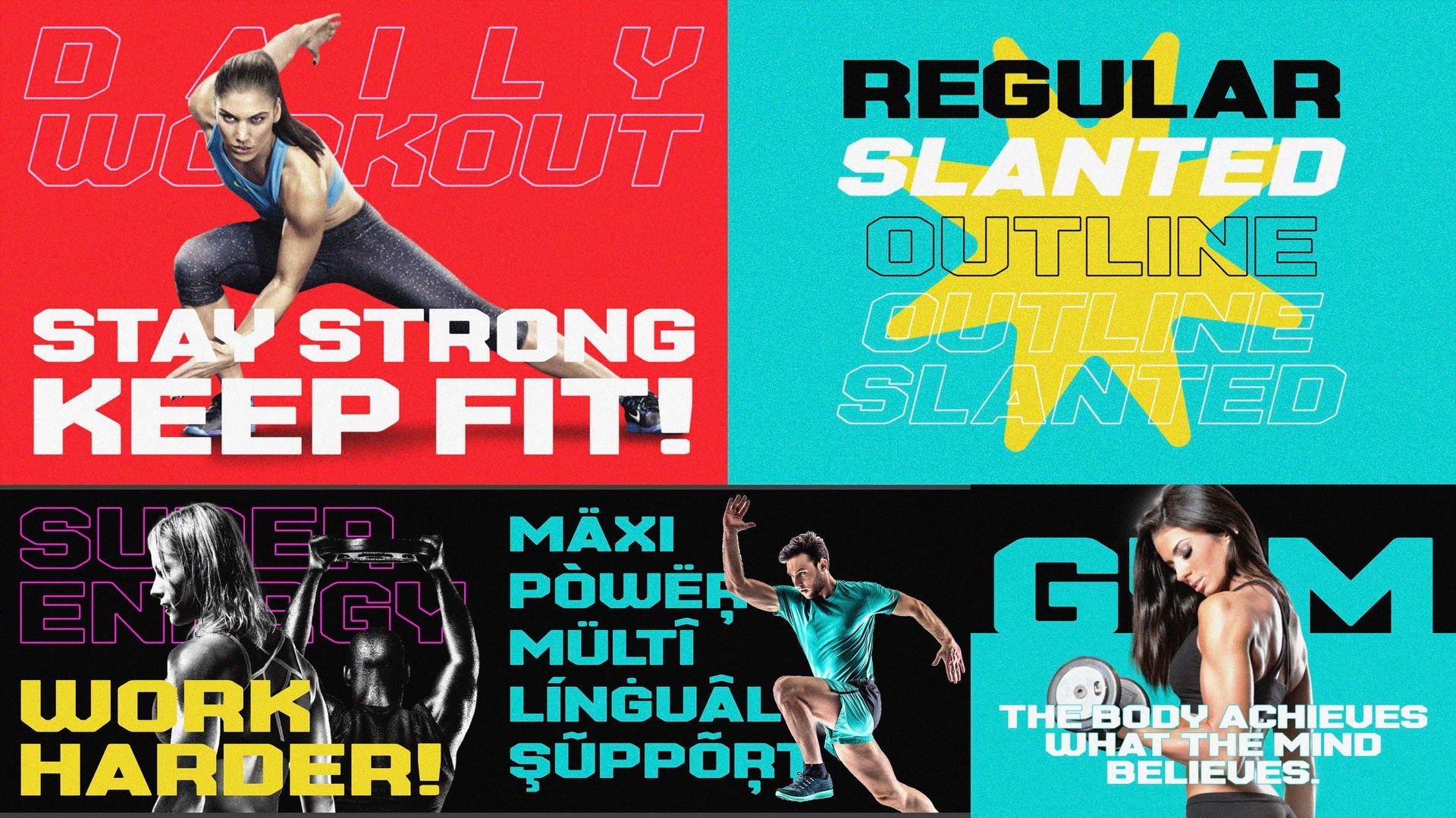 Colagem promocional de fitness com slogans impactantes: “Mantenha-se forte, mantenha-se em forma”, “Contorno inclinado regular” e “Esforce-se mais!”