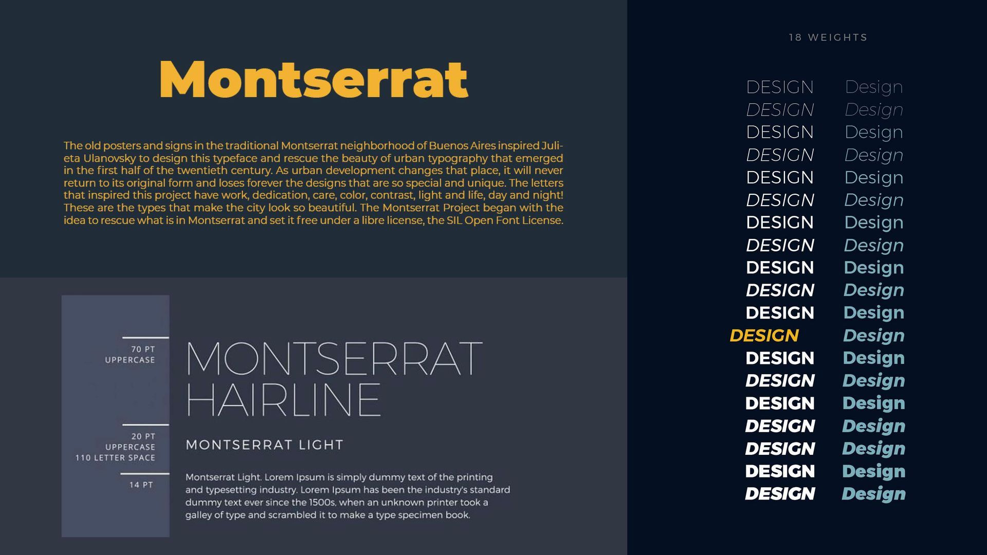 Pôster da fonte Montserrat exibindo título em amarelo negrito, texto de exemplo e exemplos de estilo da fonte em um fundo escuro.