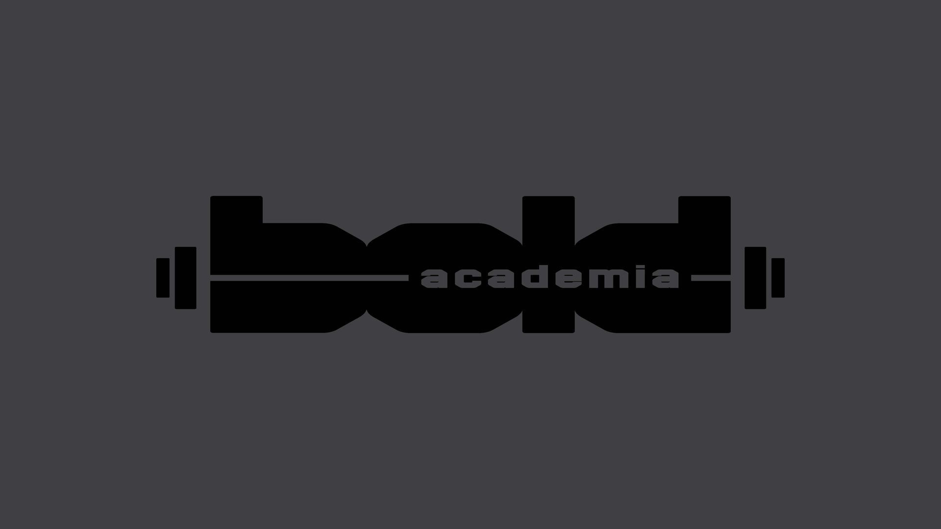 Logotipo preto em forma de haltere com a palavra “academia” sobre um fundo cinza.