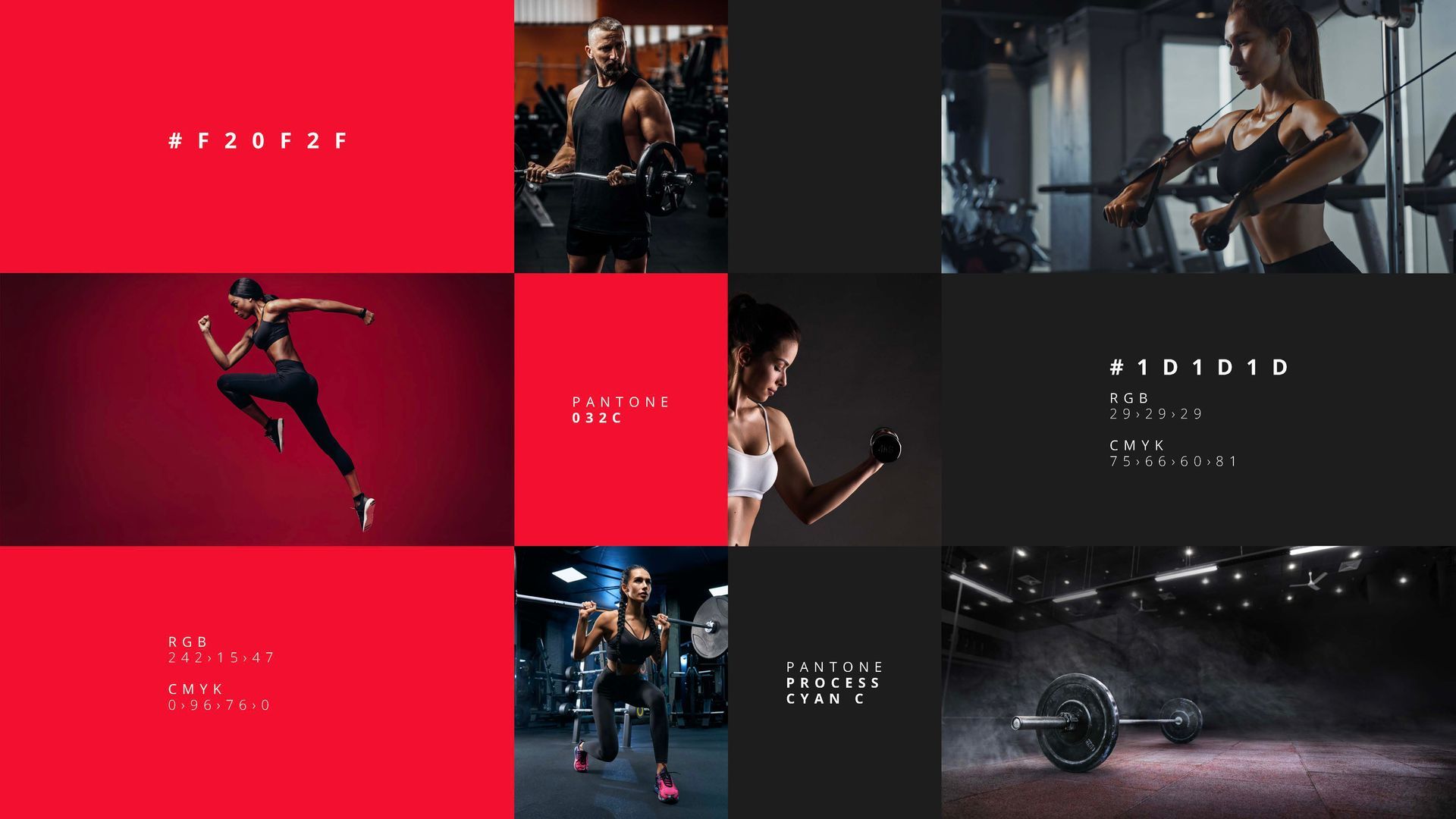 Colagem estilizada de fitness com painéis vermelhos e pretos mostrando cenas de boxe, corrida e treinamento em academia.