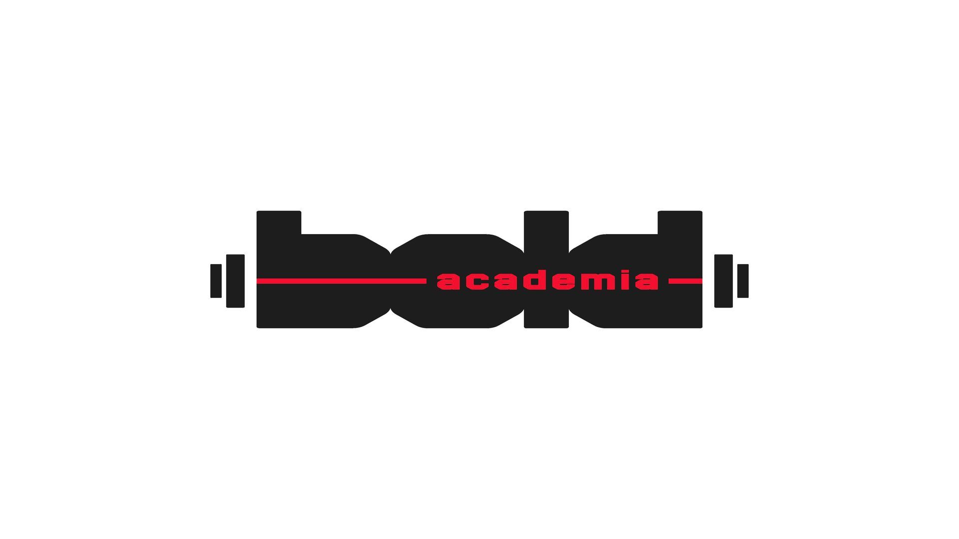 Logotipo da “academia” em preto e vermelho com um ícone de haltere sobre um fundo branco.