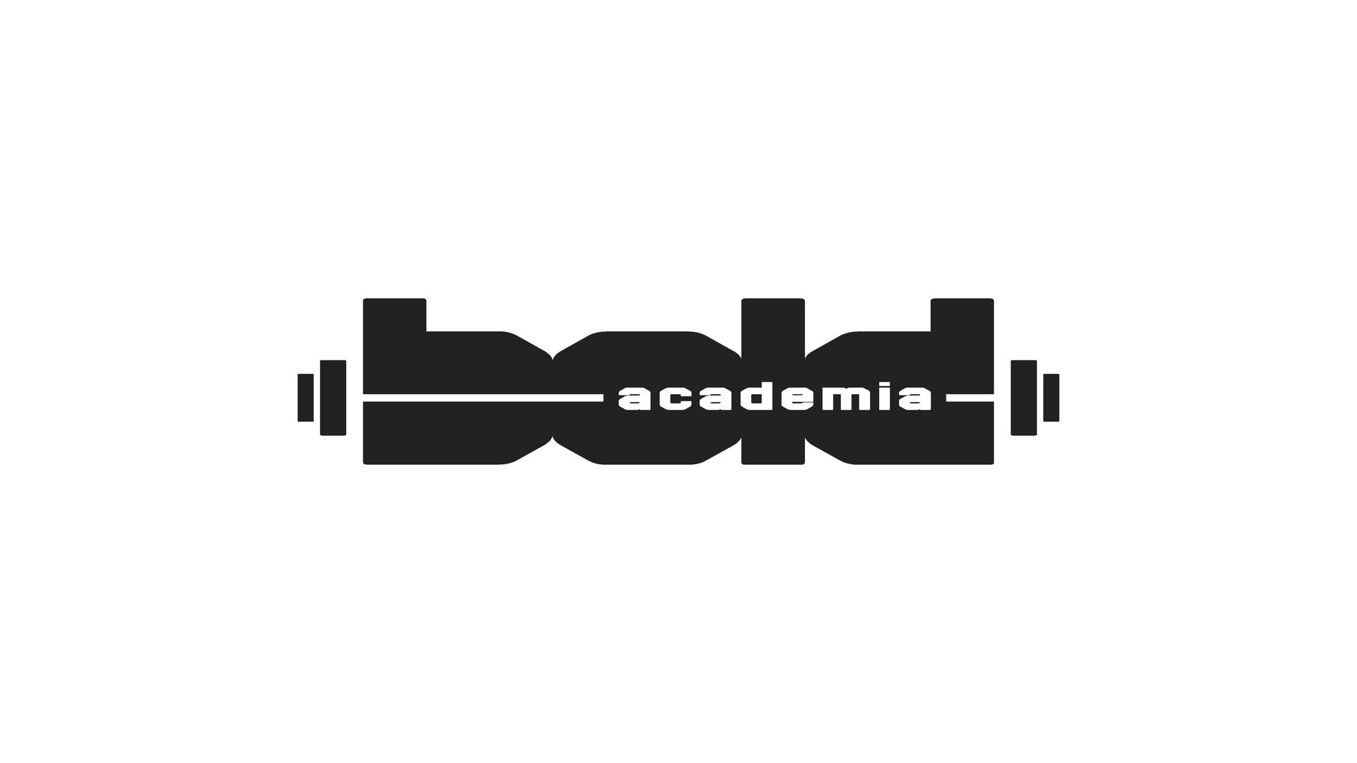 Logotipo preto em formato de haltere com a palavra “academia” em texto branco.