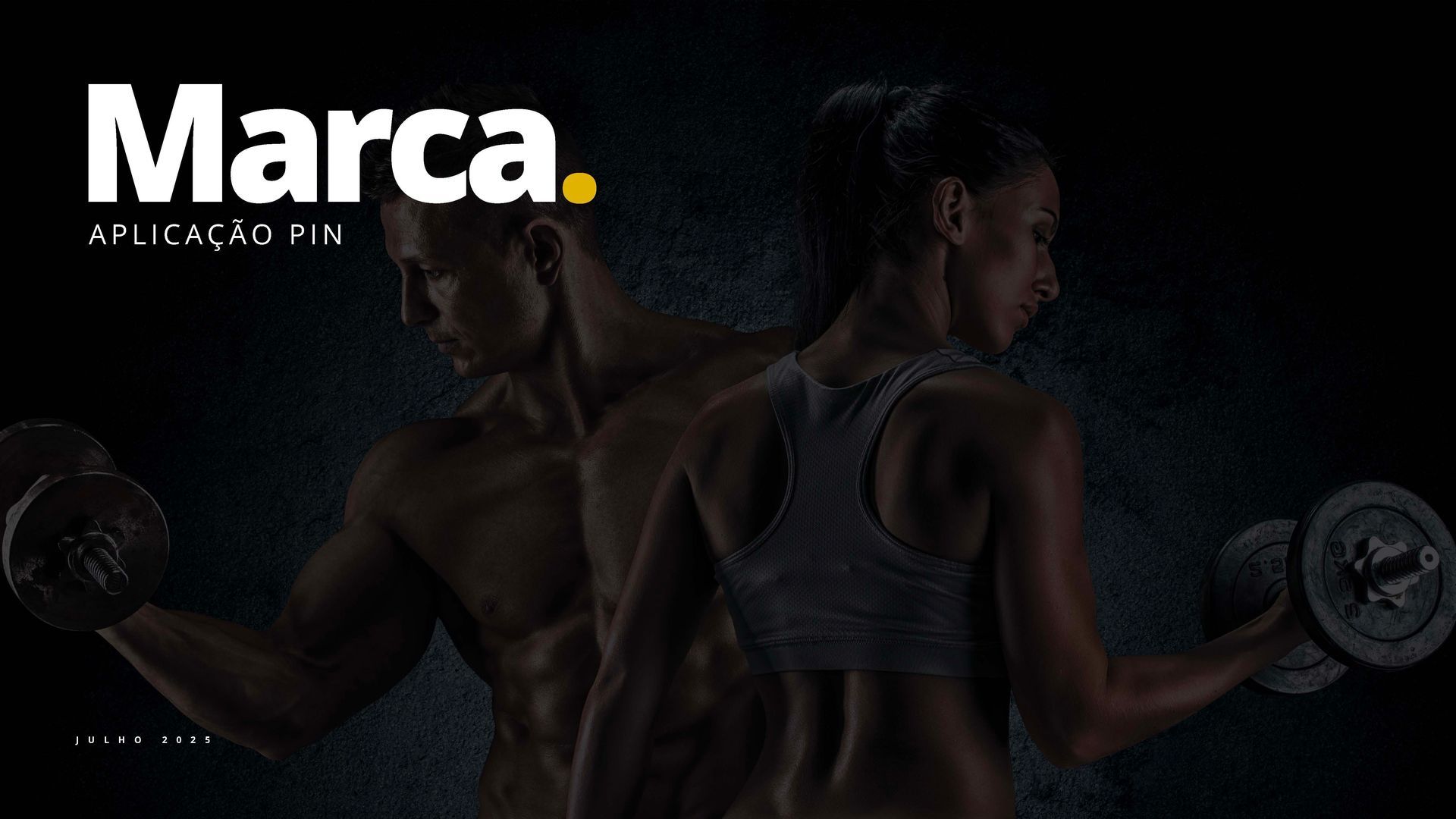 Anúncio da marca de fitness com um atleta em ambiente pouco iluminado levantando halteres, logotipo em branco e amarelo à esquerda.