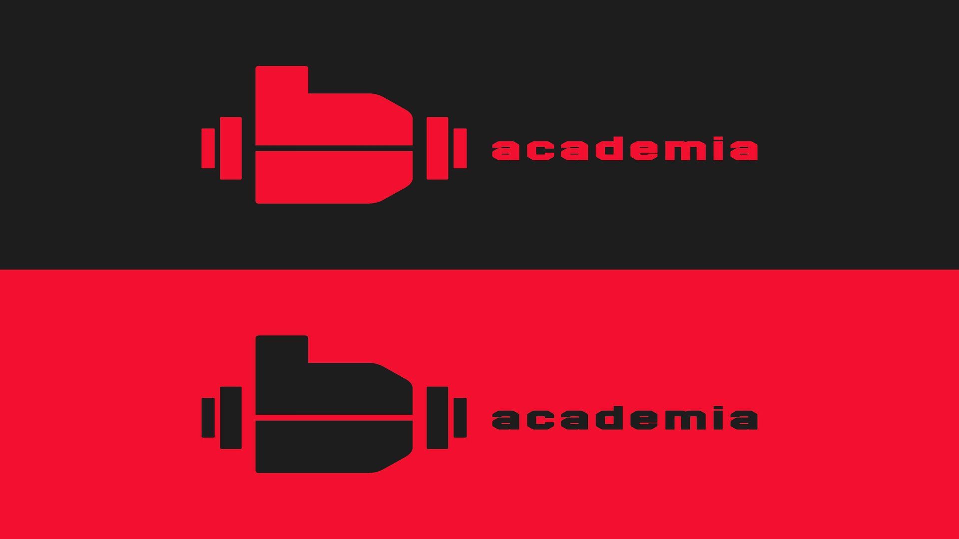Duas variações do logotipo da Academia em fundos preto e vermelho, com um ícone de haltere e a palavra 