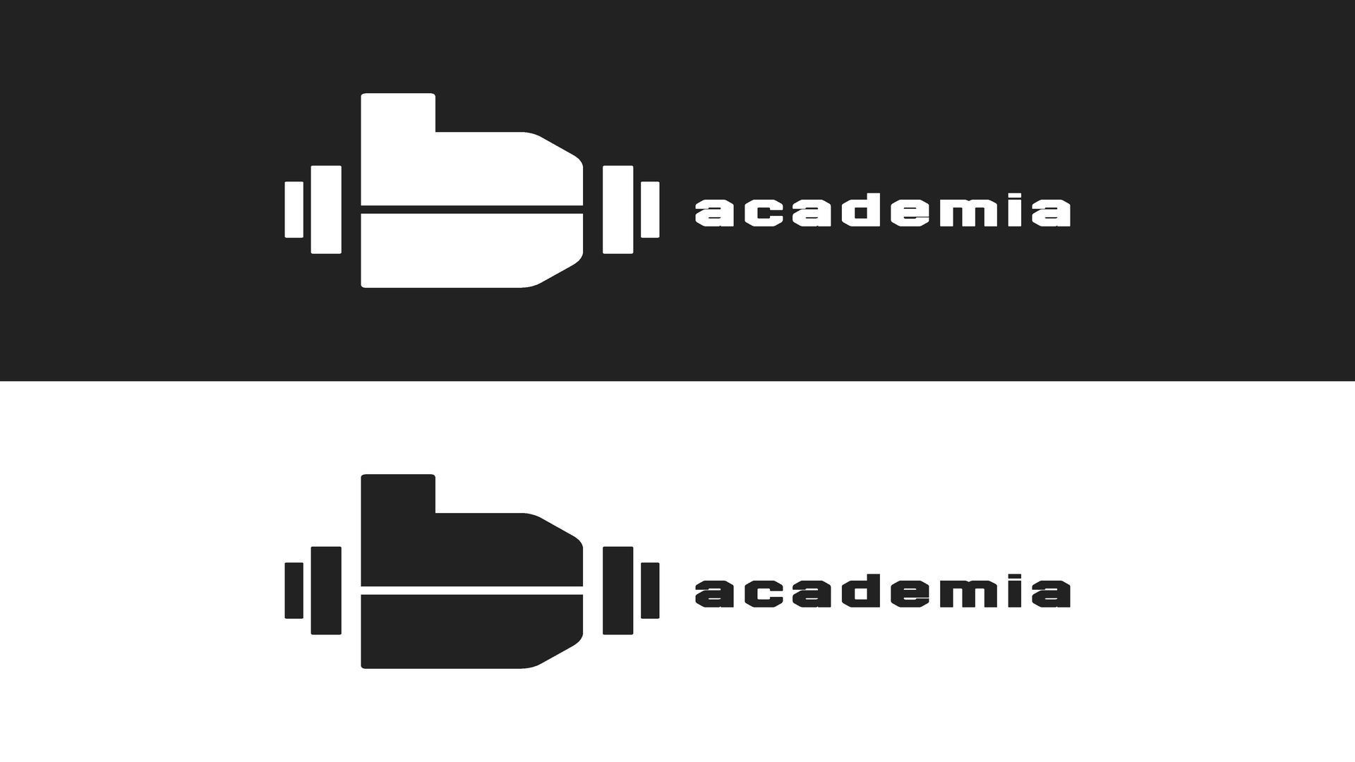 Logotipo da Academia em branco e preto sobre fundos escuros e claros.