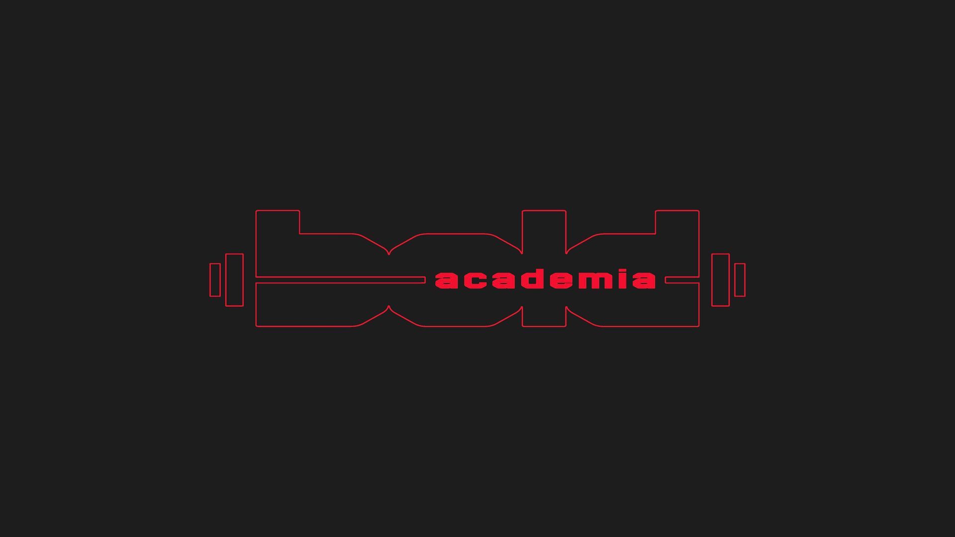 Logotipo vermelho em estilo neon com a palavra “academia” sobre fundo escuro.