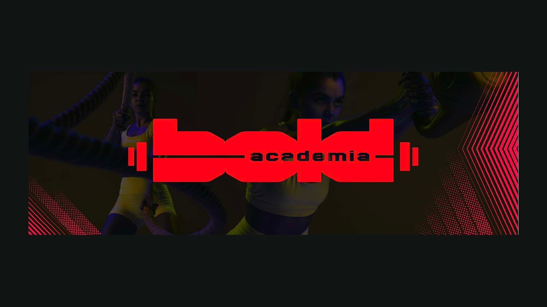 Logotipo vermelho da academia sobre um fundo abstrato escuro com formas vermelhas e pretas.