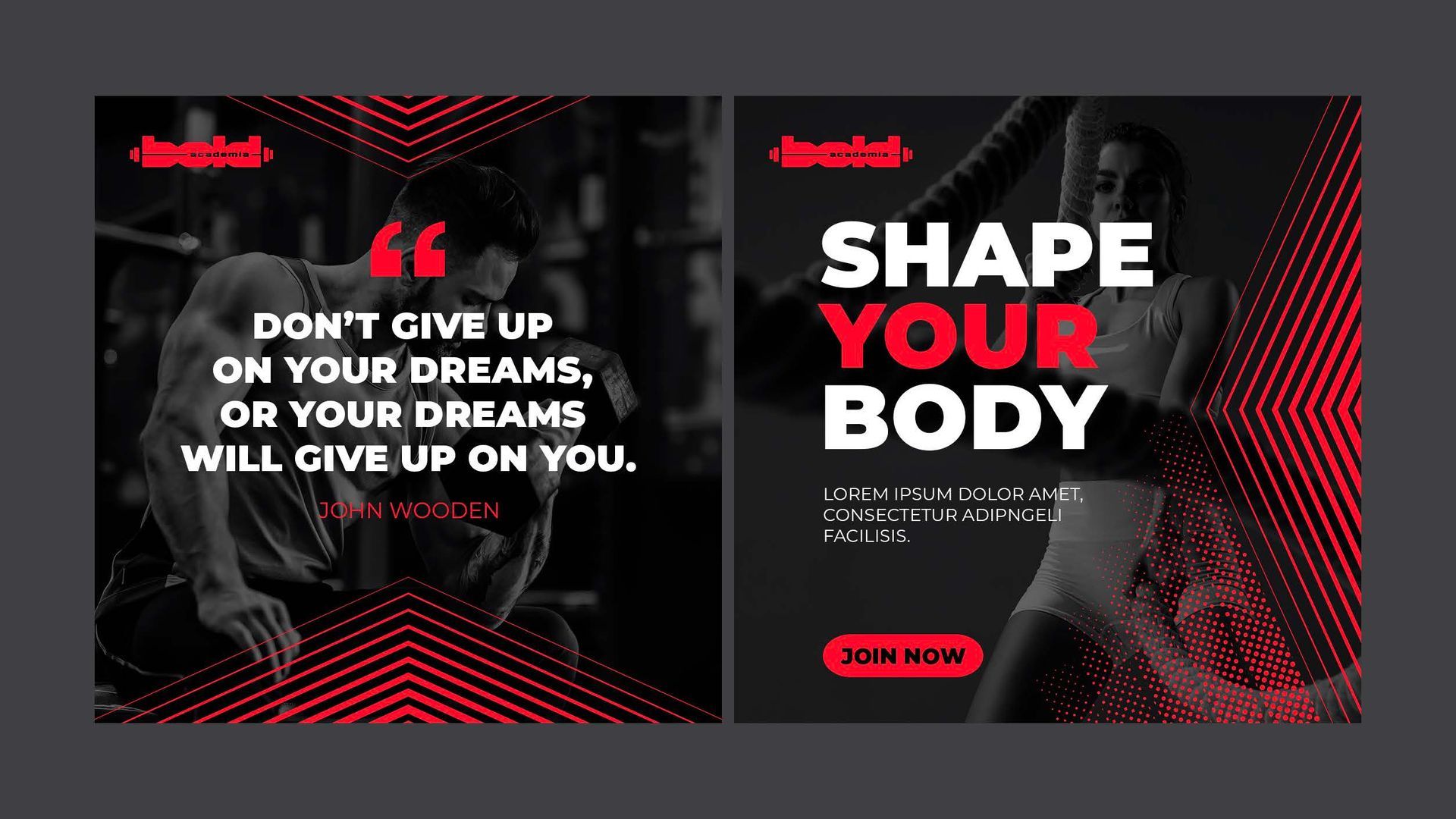 Gráfico promocional de fitness com design em vermelho e preto: “Não desista…” e “Modele seu corpo”.
