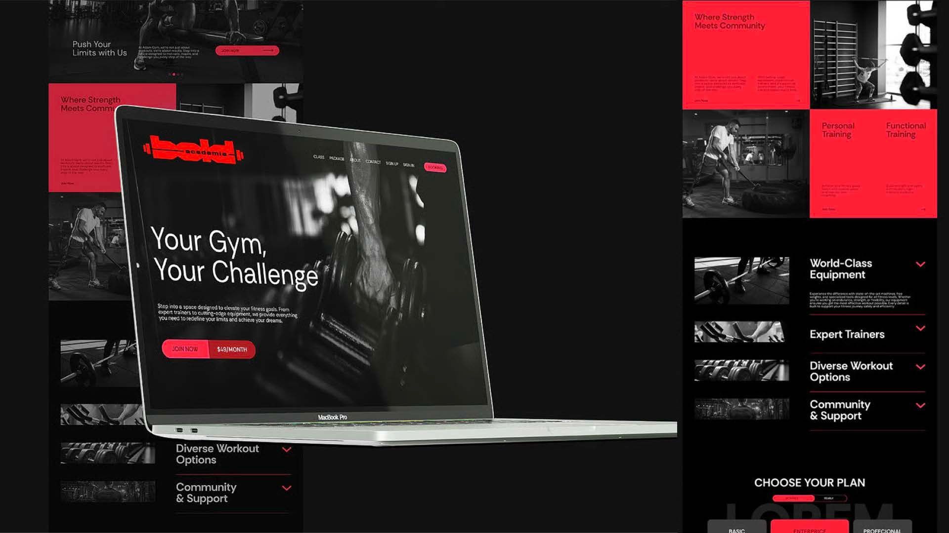 Mockup de site escuro com detalhes em vermelho, laptop como elemento central e título 