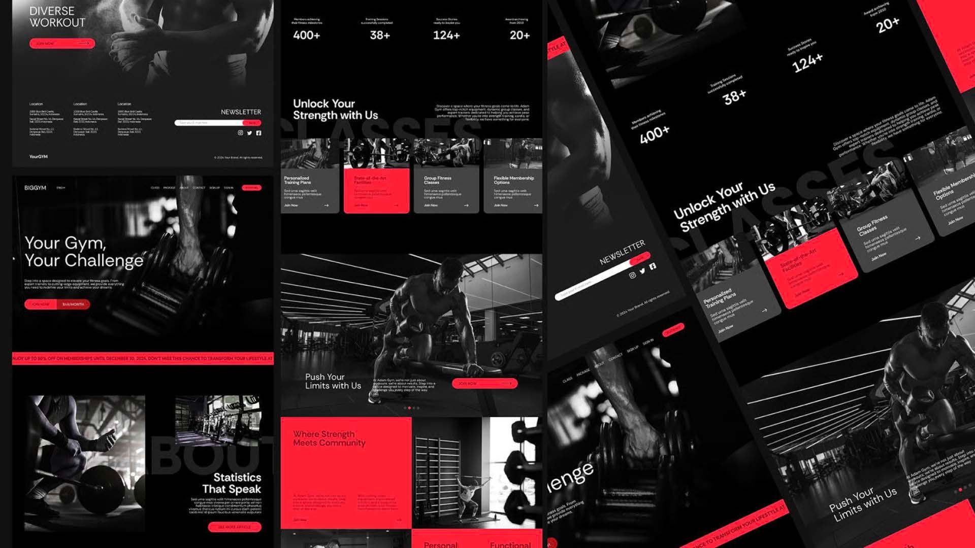 Colagem escura com detalhes em vermelho de protótipos modernos de sites e interfaces de usuário sobre um fundo preto.
