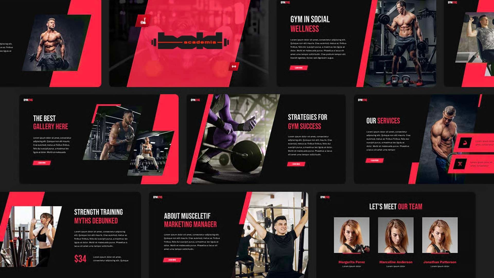 Colagem de painéis promocionais de fitness em vermelho escuro e preto, mostrando atletas, cenas de treino e sobreposições de texto em negrito.