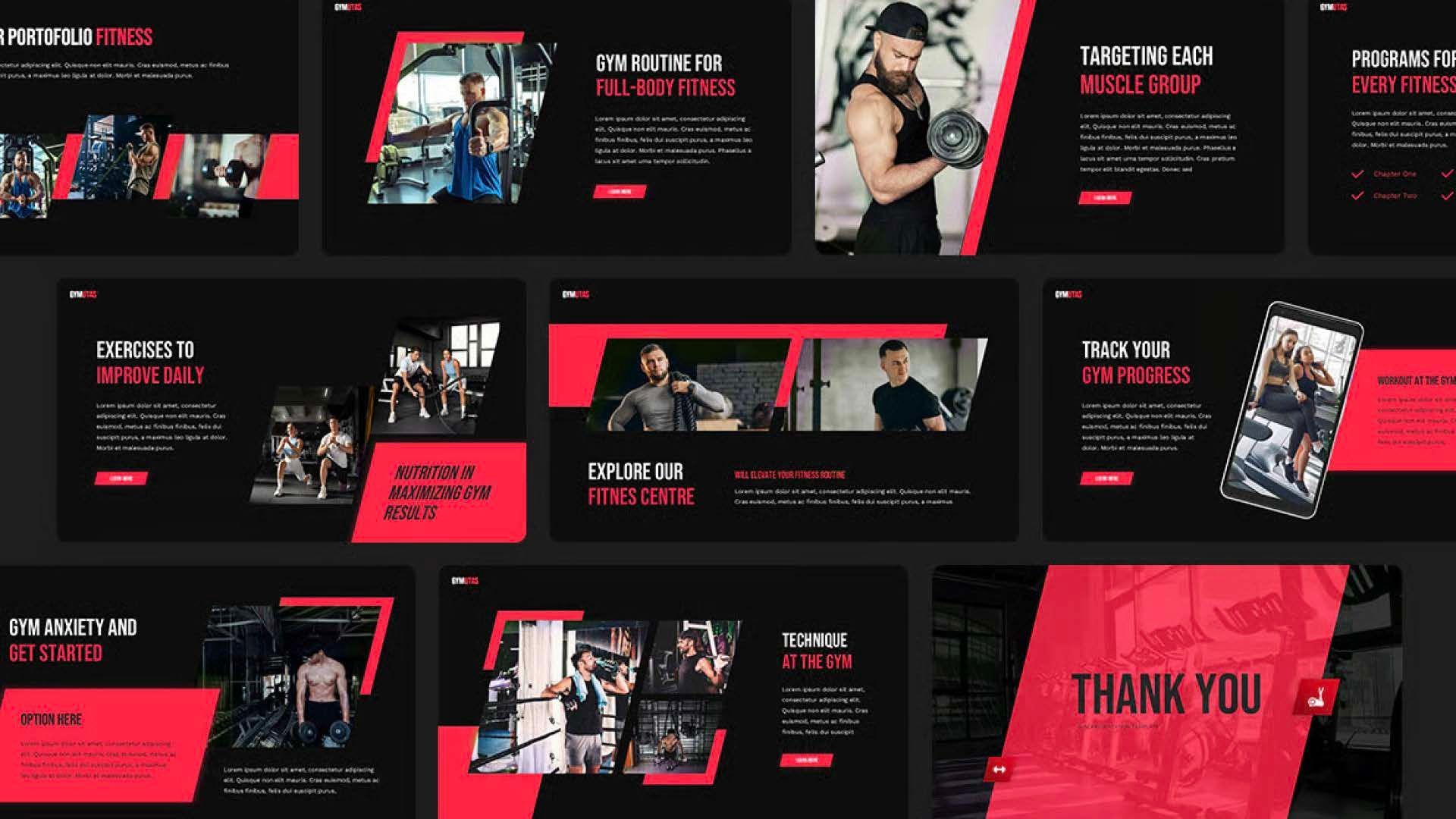 Mockups promocionais de sites em estilo escuro com detalhes em vermelho, cartões com fotos e um grande painel de 