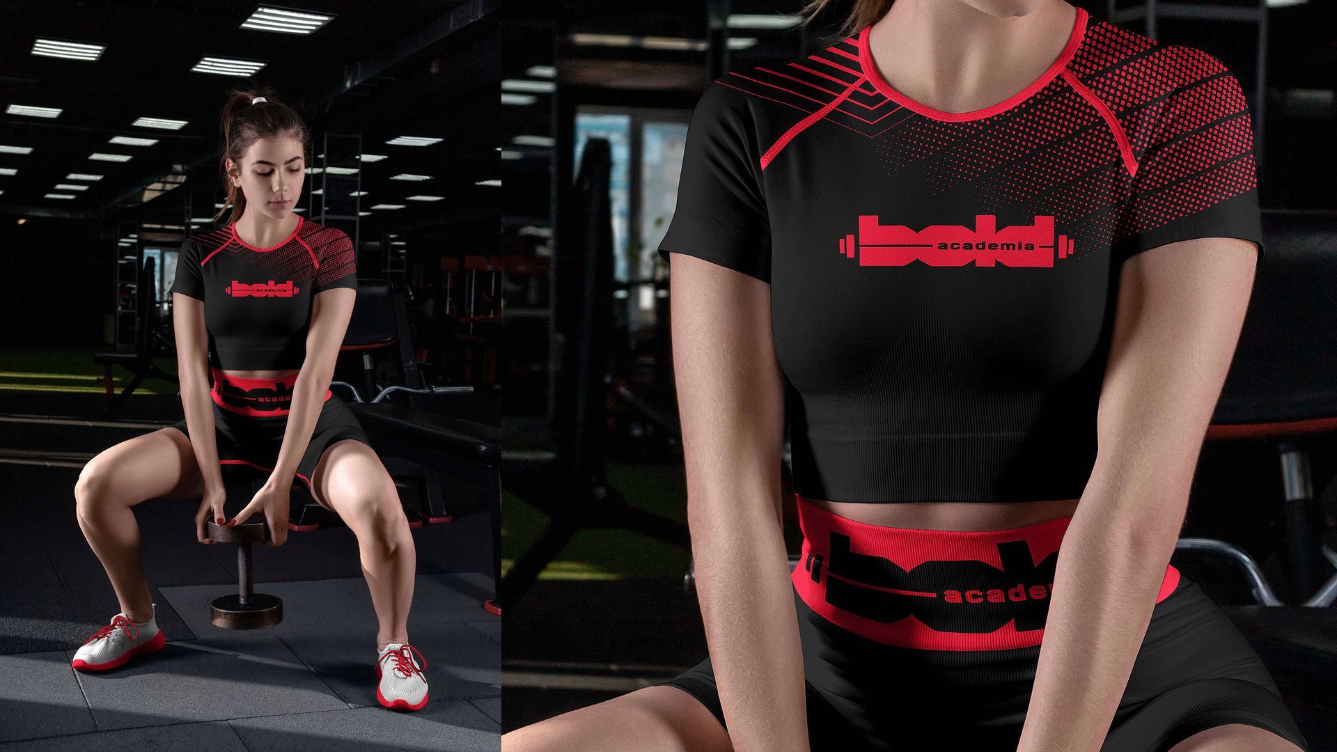 Pessoa vestindo camiseta esportiva preta e vermelha em uma academia, sentada em um banco ao lado de uma imagem ampliada.
