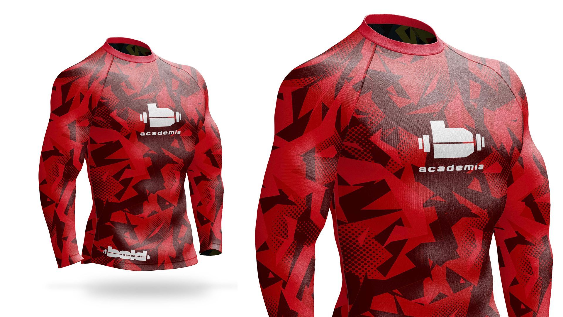Camisa esportiva vermelha e preta com estampa geométrica e logo branco, mostrada na frente e nas costas.