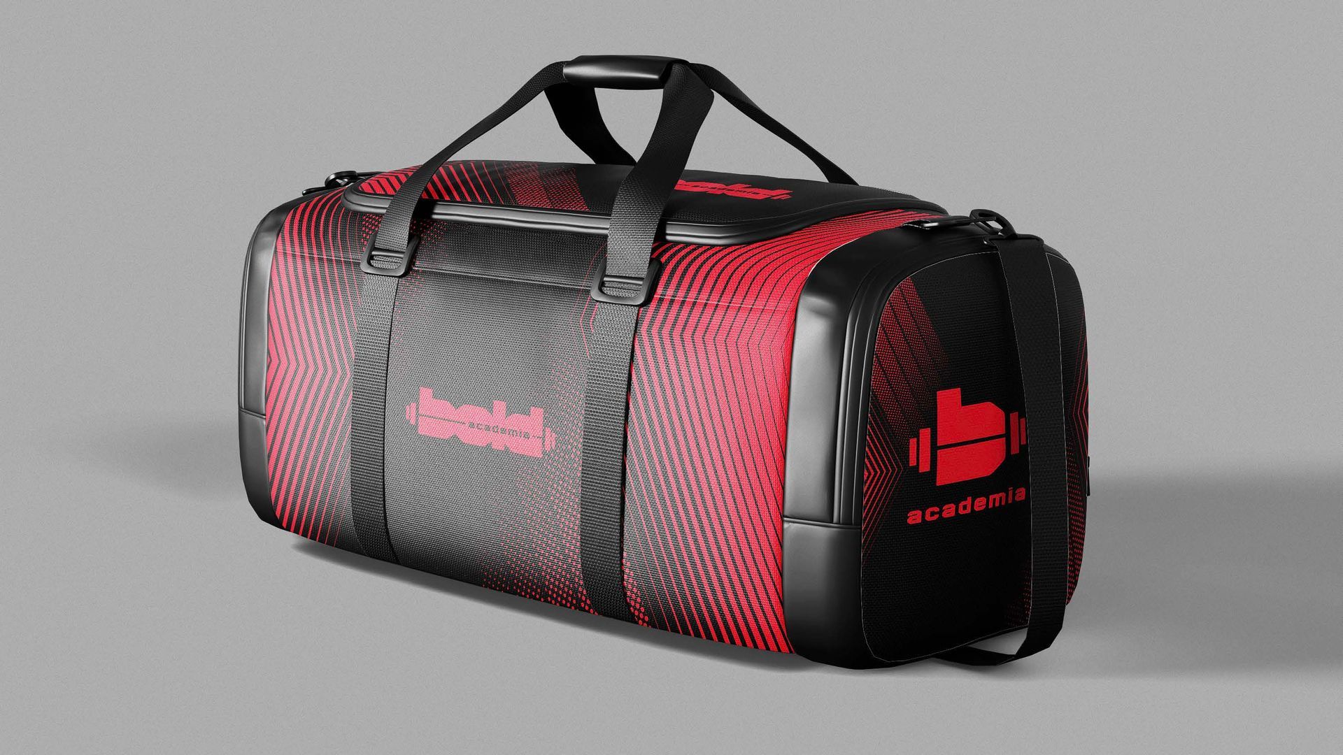 Bolsa de viagem preta e vermelha com laterais em tela e alça de ombro sobre fundo cinza.