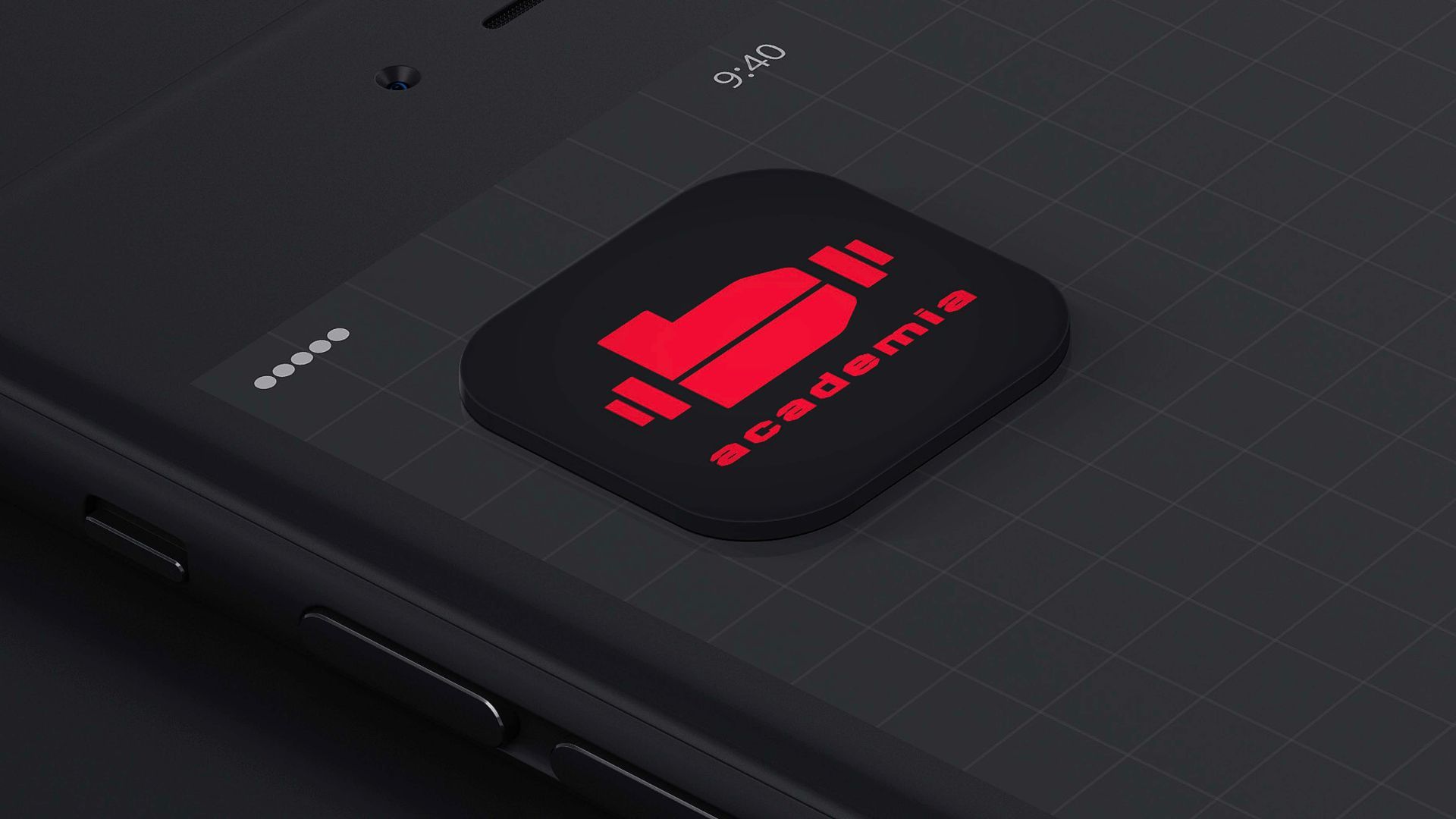 Imagem em close-up da tela preta de um smartphone, mostrando um ícone de aplicativo vermelho com um logotipo estilizado.