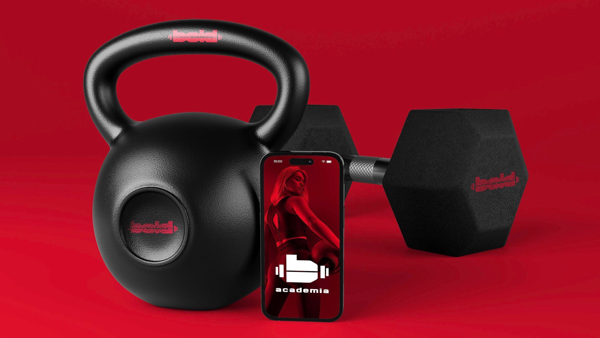 Kettlebell preto, caixa de som vermelha e smartphone com aplicativo sobre fundo vermelho.