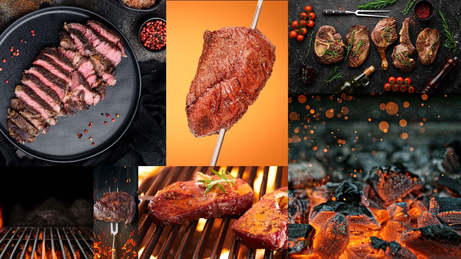 Variedade de carnes grelhadas: bife fatiado, um corte grande no espeto, vários cortes com ervas e assados na grelha com brasas.