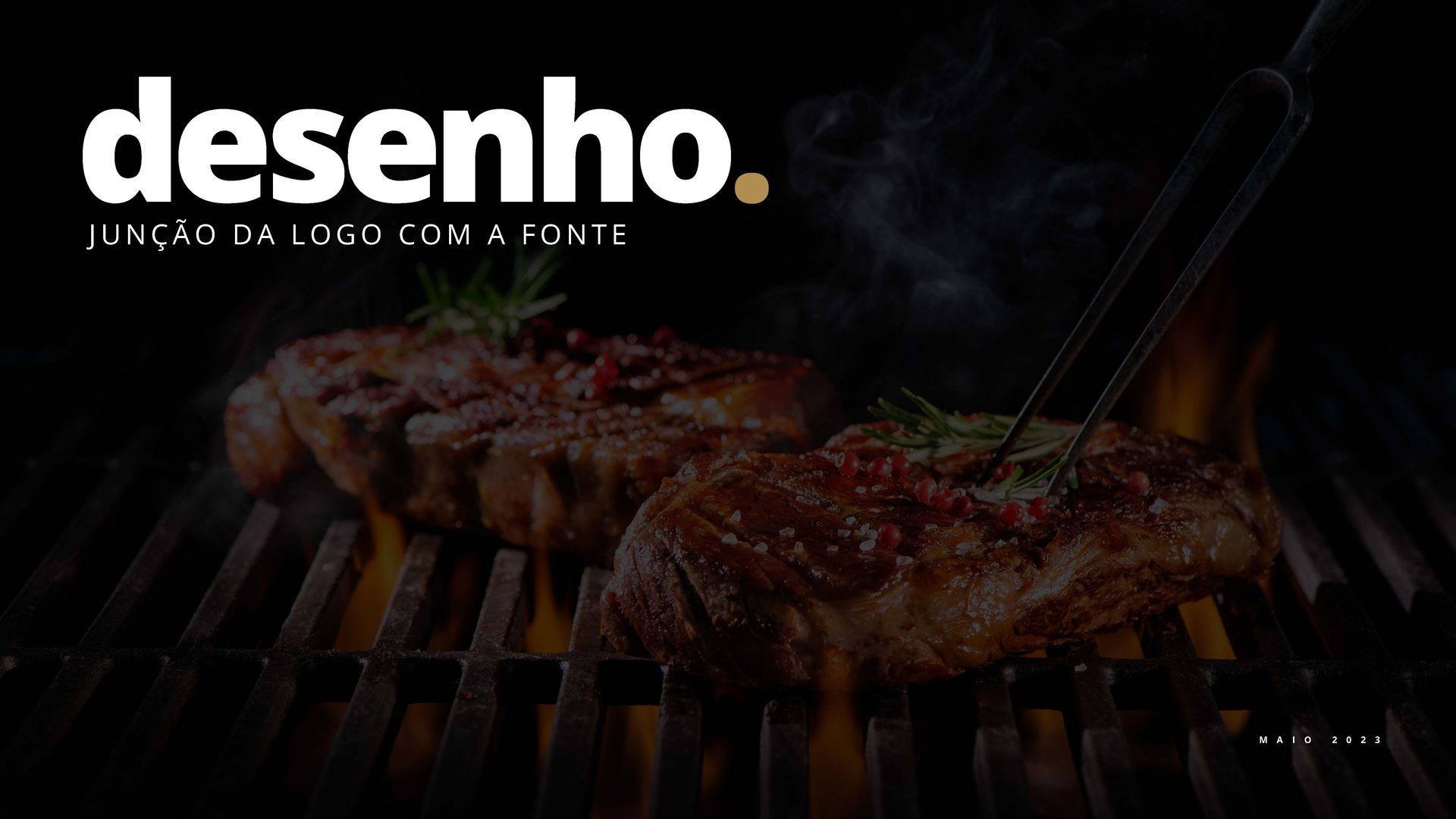 Two steaks grilling on a flaming barbecue, with text