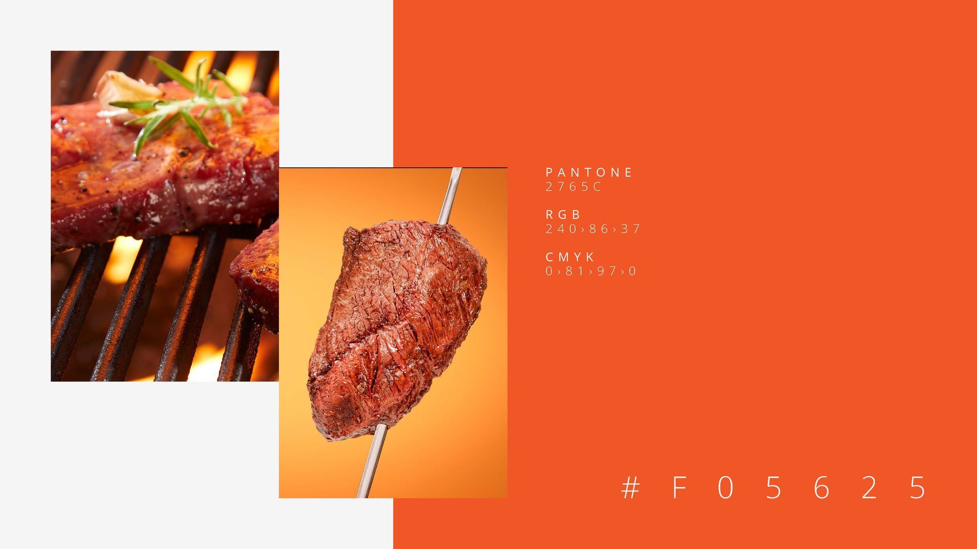 Bife grelhado, fundo laranja e branco, texto.