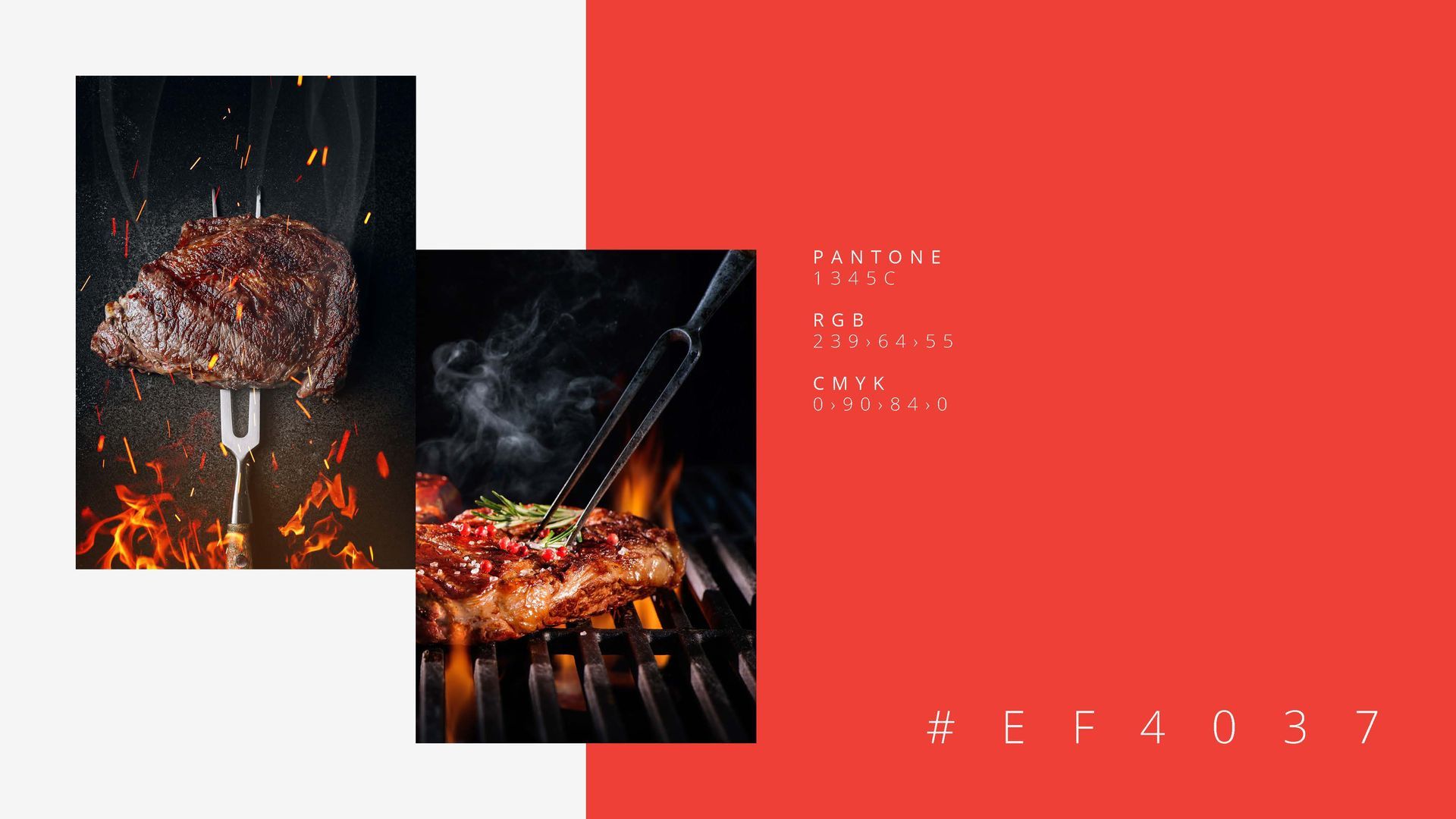 Bife grelhado no garfo e na grelha, com fundo vermelho e branco destacando o esquema de cores do #EF4037.