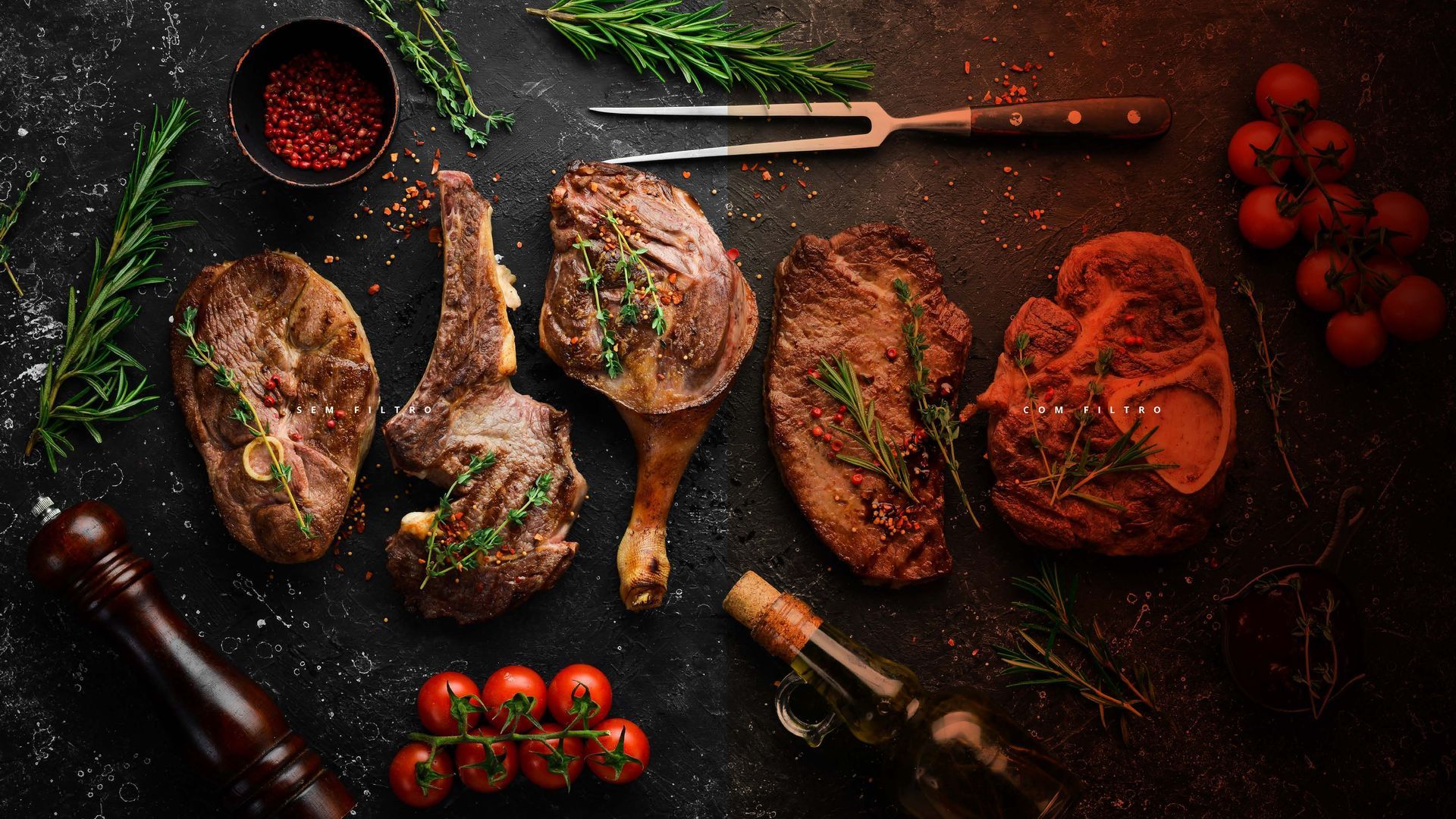 Vários cortes de carne cozida dispostos em uma superfície escura com ervas, tomates, molho, óleo e um garfo de trinchar.