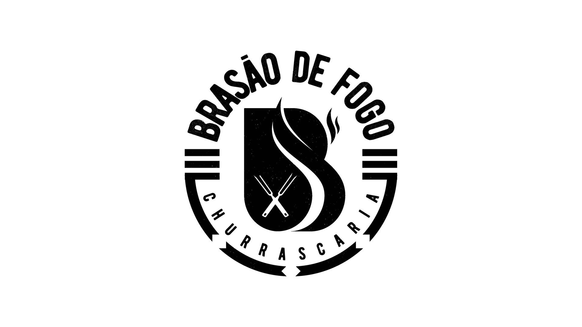 Logo for Brasão de Fogo Churrascaria in black and white: a stylized 'B' with flame, crossed skewers, and circular text.
