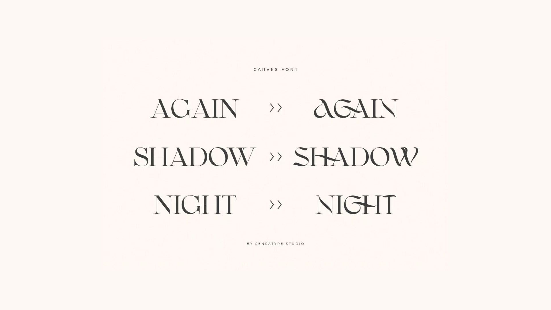 Tipografia minimalista em tons de bege com as palavras “AGAIN”, “SHADOW” e “NIGHT” repetidas em colunas espelhadas.