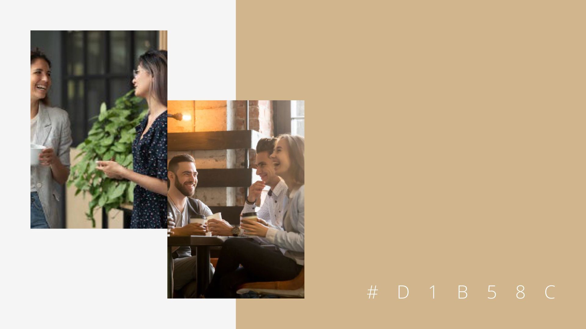 Colagem de duas reuniões de negócios, com pessoas conversando ao redor de uma planta frondosa e em uma mesa de conferência.