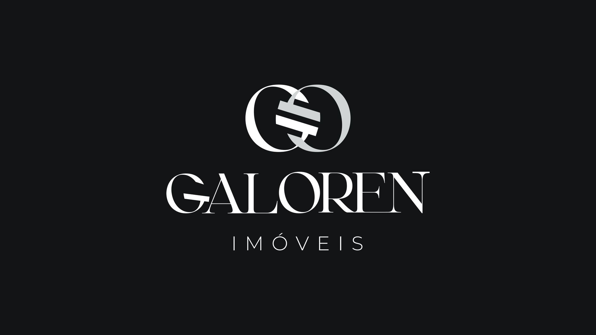 Logotipo branco “GALOREN IMÓVEIS” sobre fundo preto com um ícone circular estilizado acima.
