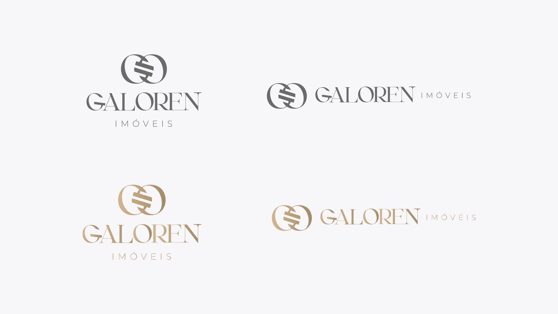 Quatro variações do logotipo da Galoren em preto e dourado sobre fundo branco.