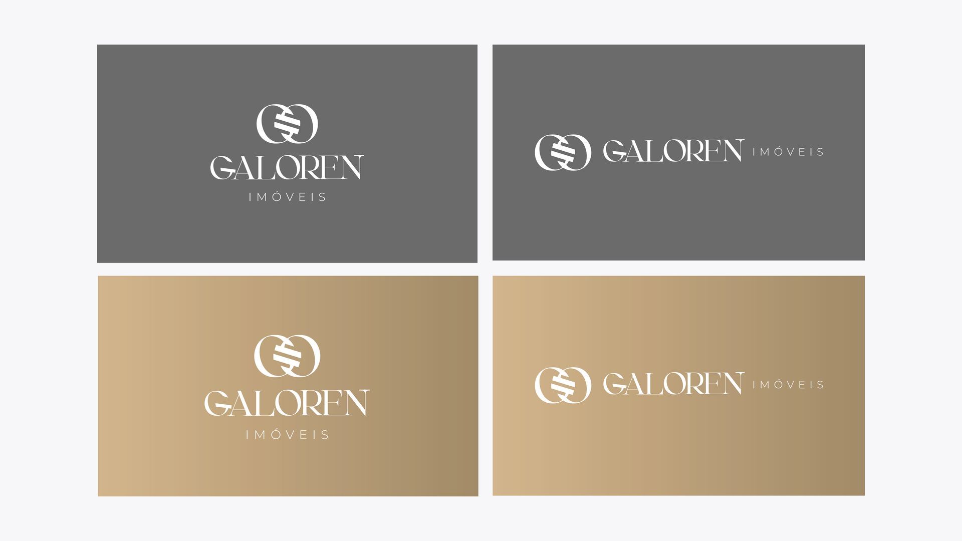 Quatro variantes do logotipo GALORE em cinza e dourado em um layout de quatro painéis.